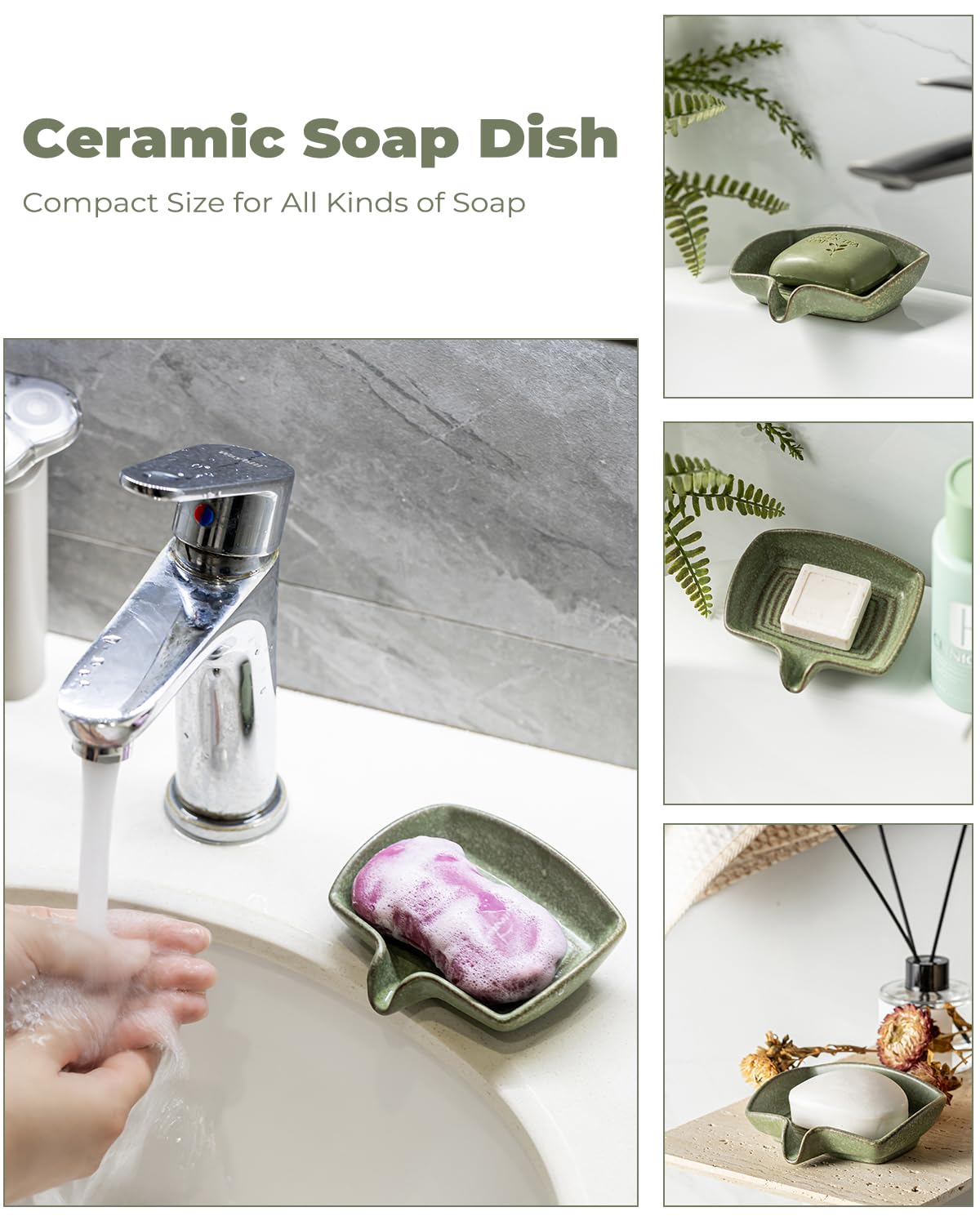 Self Draining Soap Dish, Ceramic Drain Soap Holder Waterfall Design Soap Saver for Shower, Bathroom, Sink, Kitchen and Countertop, Keeps Dry, Green