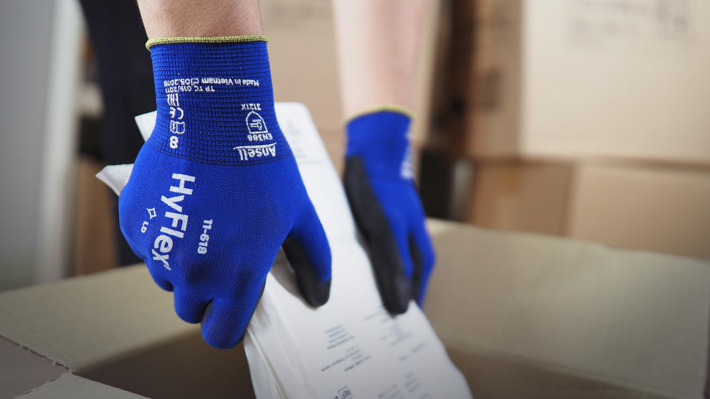 Ansell HyFlex 11-618 Ultra-Thin Industrial Safety Work Gloves for Auto, Machinery, Equipment, Fabrication - Size 10, Blue/Black (12 Pairs)