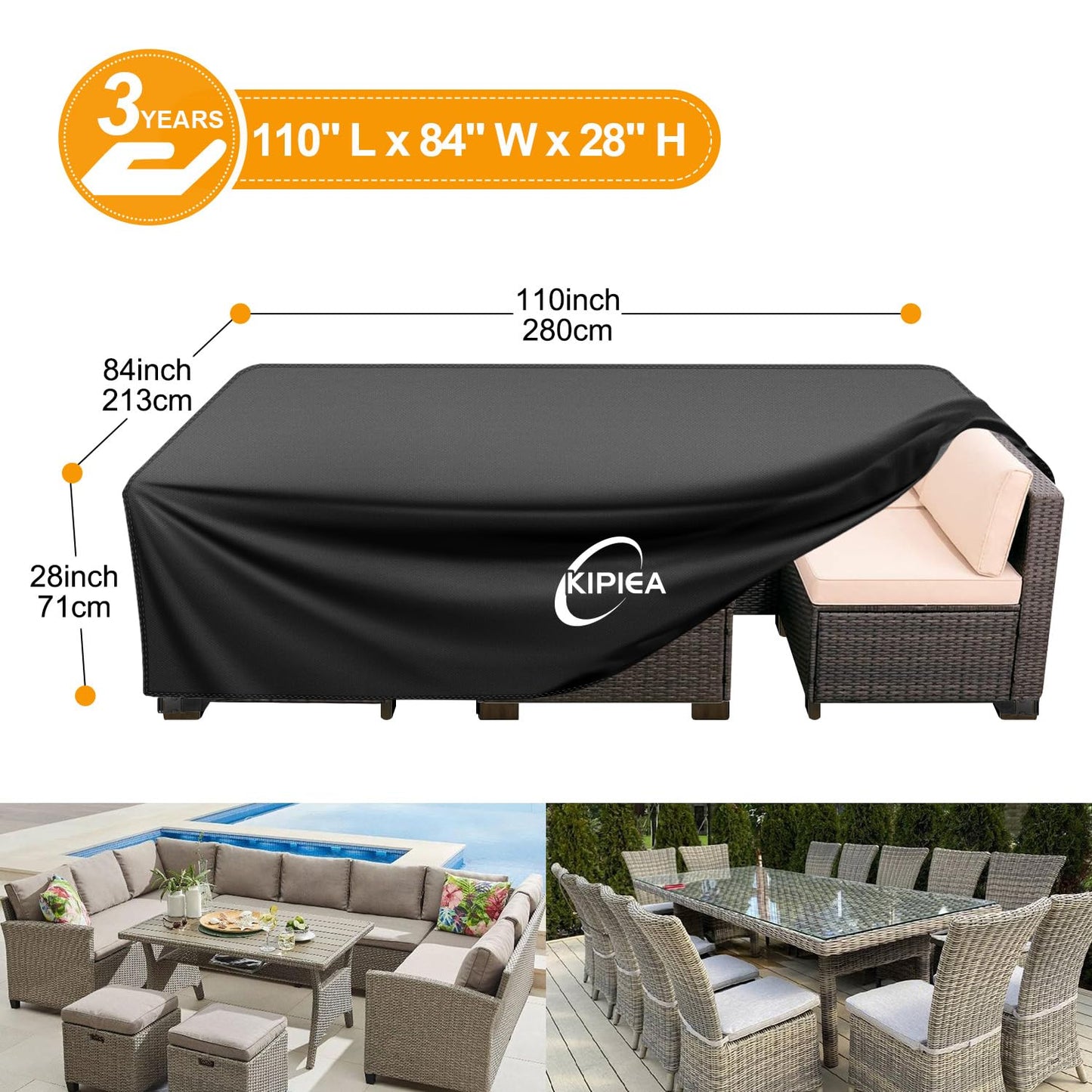 Kipiea Patio Furniture Covers Waterproof Winter, Heavy-Duty Outdoor Furniture Set Covers for Table Chairs, Anti-UV, No Tears or Fading (110" L x 84" W x 28" H)