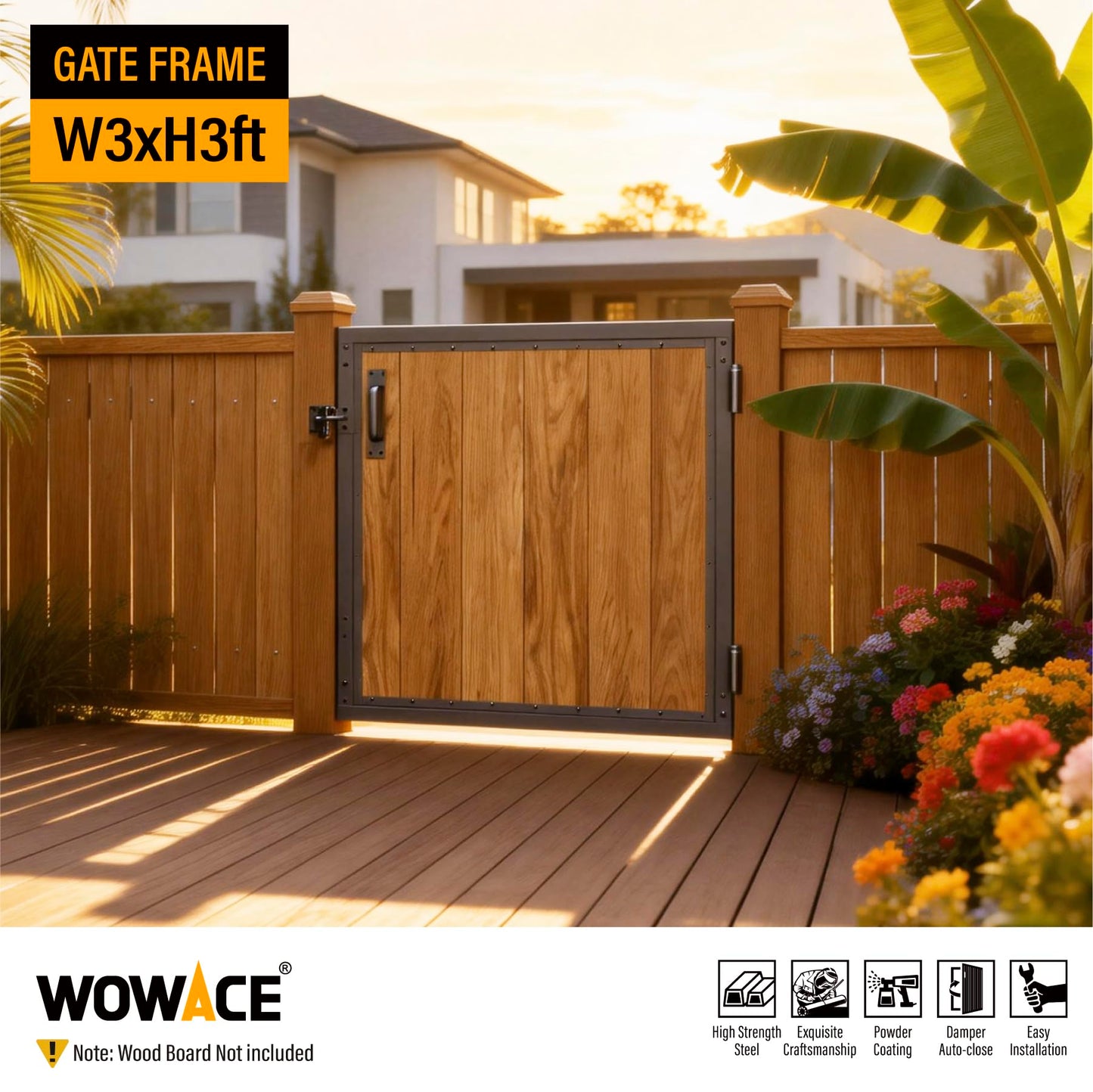 WOWACE 3x3FT Fence Gate Frame Kit 201 Stainless Steel Heavy Duty Garden Gates Anti-Sag Backyard Front Gate Reinforcement Hardware, Left/Right Mount (No Wood Planks Included)