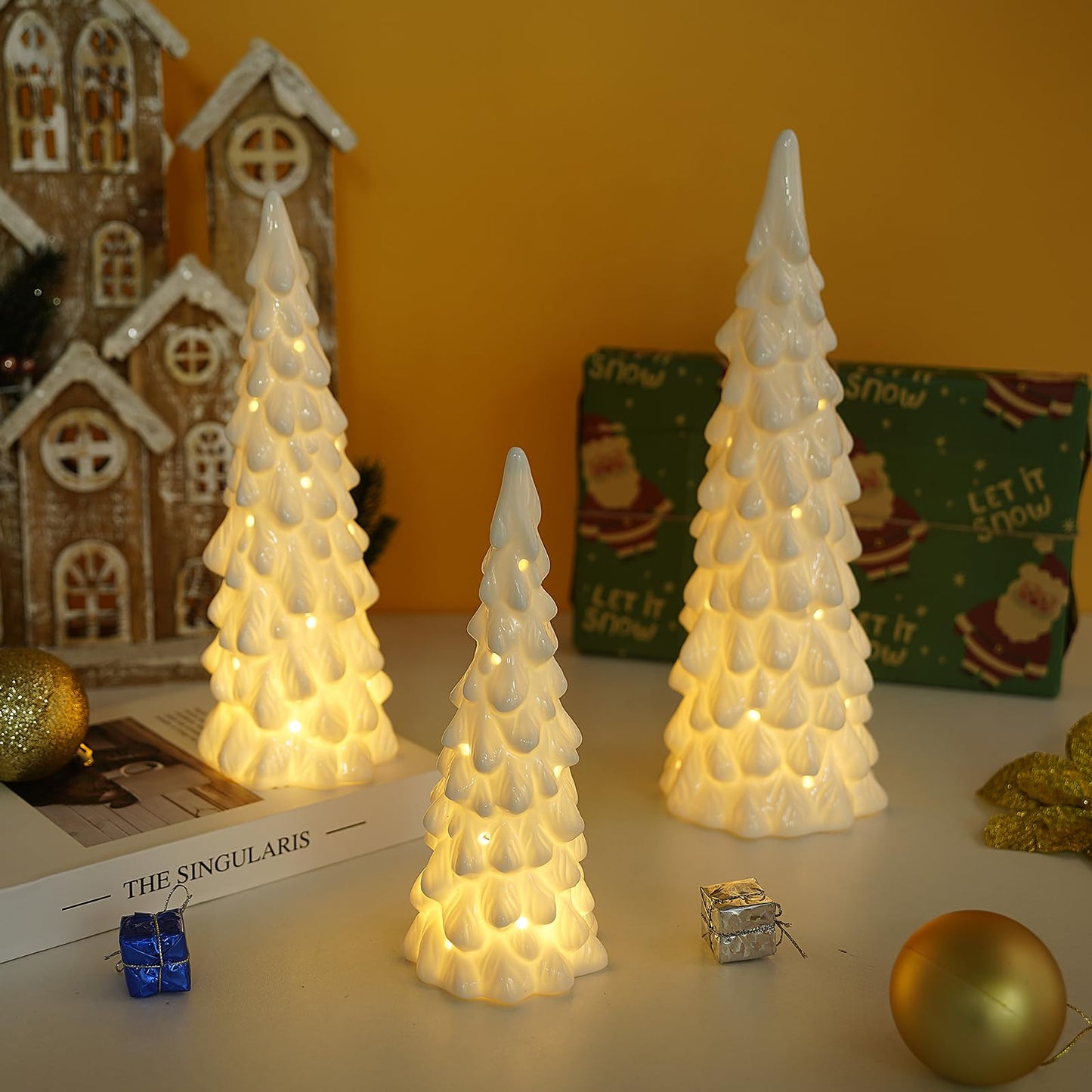 Luxstyra 3 Pcs White Ceramic Christmas Trees with Lights, Table Top Christmas Decor, Porcelain Tree Figurine with Timer, Small Ceramic Christmas Trees Set, White Tabletop Christmas Tree for Mantel
