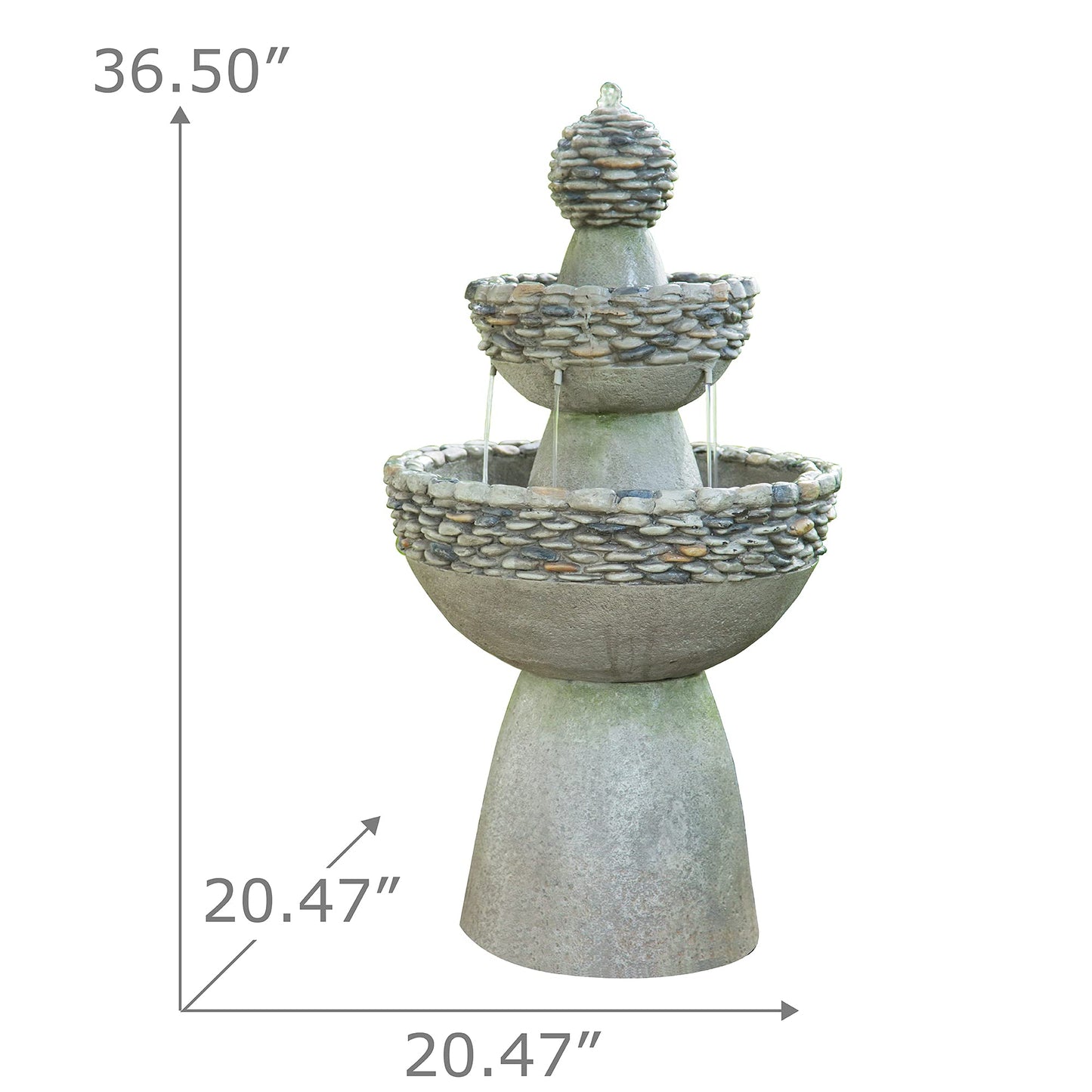Teamson Home 36.5 in. Outdoor 3-Tier Zen-Style Pedestal Water Fountain in. with Stone Trim with Pump and 2.64 Gallon Capacity, Stone Gray