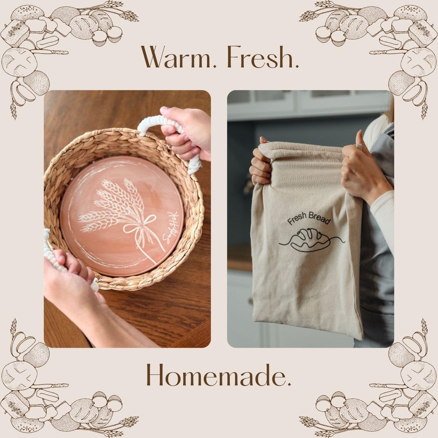 Simply H&K Bread Warmer Basket with Stone - Includes Reusable Bread Bag - 11" Round Basket with 10" Terracotta Stone - House Warming Gifts for Bakers - Instructions for use and cleaning