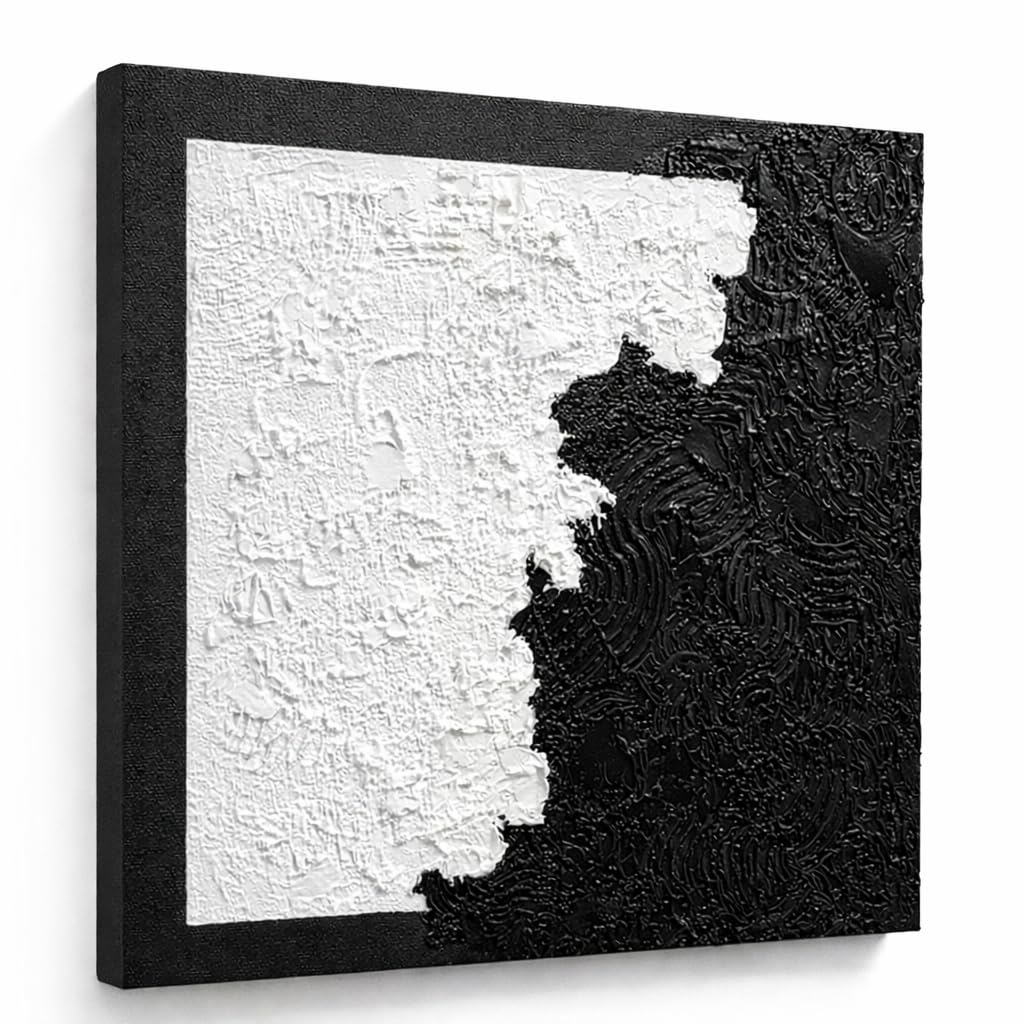 HONGRUIFAN Handmade Textured Canvas Wall Art 24x24 Inches, Black and White Abstract Art, Handcrafted Cotton Canvas, Ready to Hang