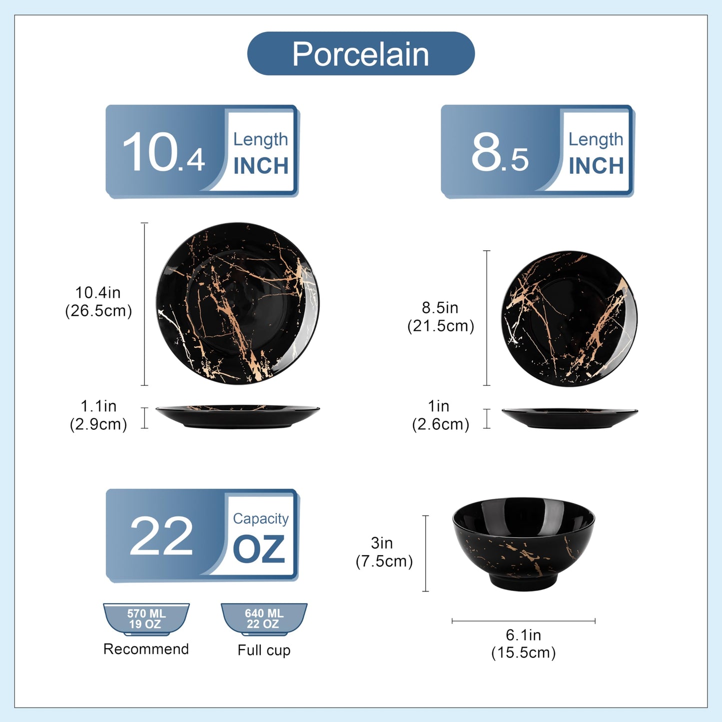 LOVECASA Plates and Bowls Sets for 4, 12 Pieces Porcelain Dinnerware Sets, Black and Gold Dish Set Gold Splash Dishware Sets, Dishwasher Microwave Safe