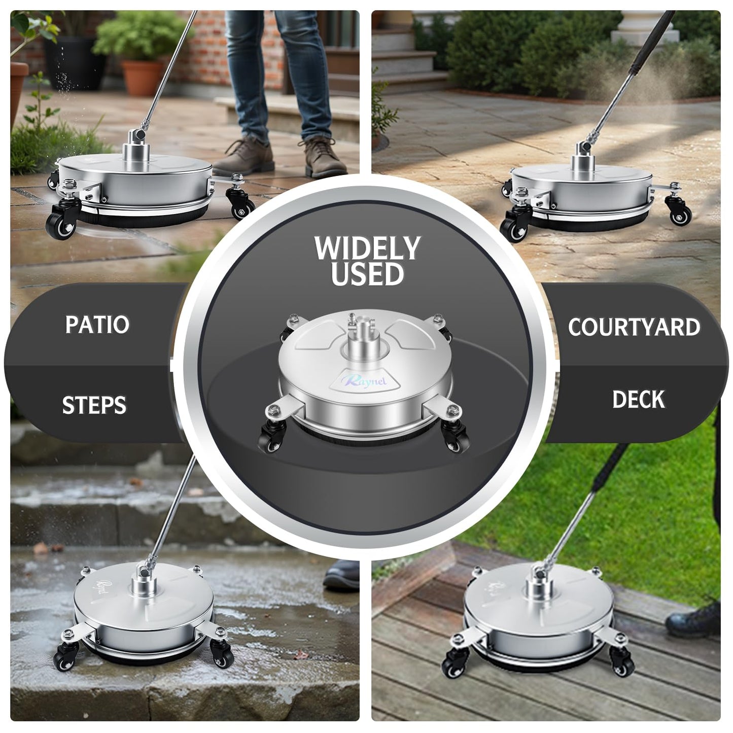 RAYNEL 14'' Pressure Washer Surface Cleaner with 4 Wheels, Stainless Steel Housing, 1/4" Quick Plug, 2 Extended Wands, 2 Replacement Nozzles