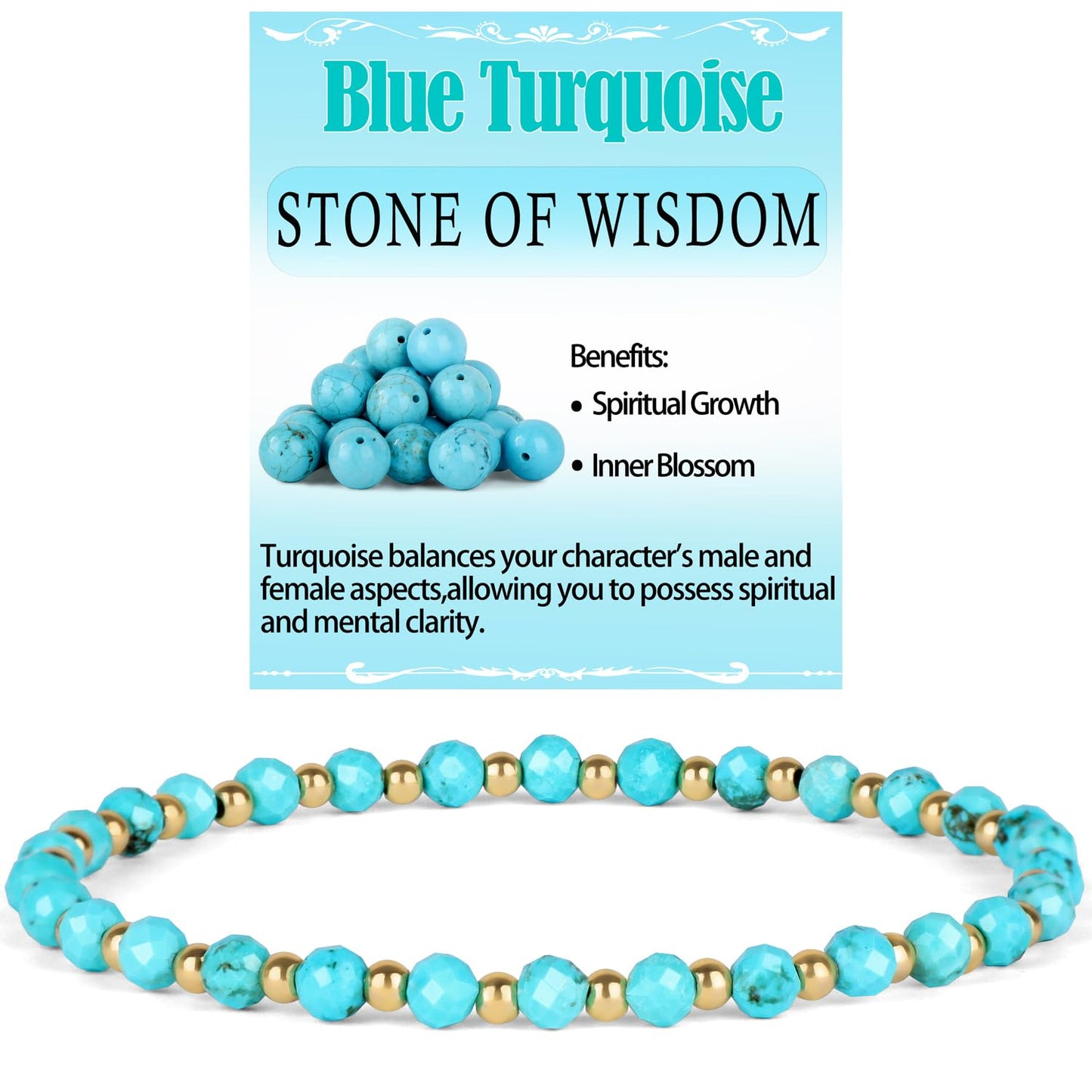 QOGIR Blue Turquoise - Stone of Wisdom - 14K Gold Plated Beads Natural Gemstone Stretch Elastic Dainty Healing Beaded Bracelets Gifts 4mm