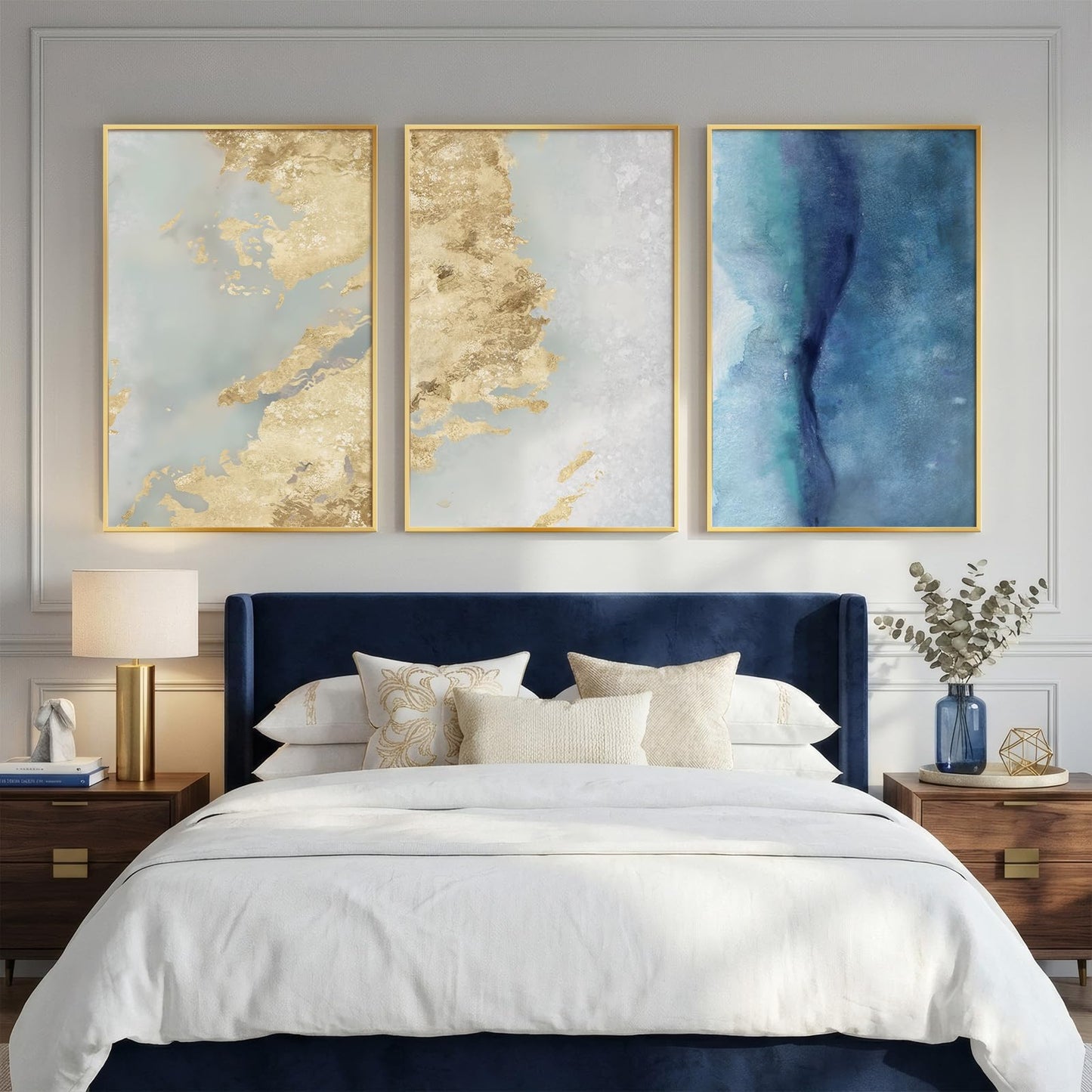 Large Framed Abstract Wall Art for Living Room, Luxury 3 Piece Canvas Blue White and Gold Prints Paintings for Walls, Modern Minimalist Pictures for Dining Bedroom Hallway Office Home Decor 24x36 In