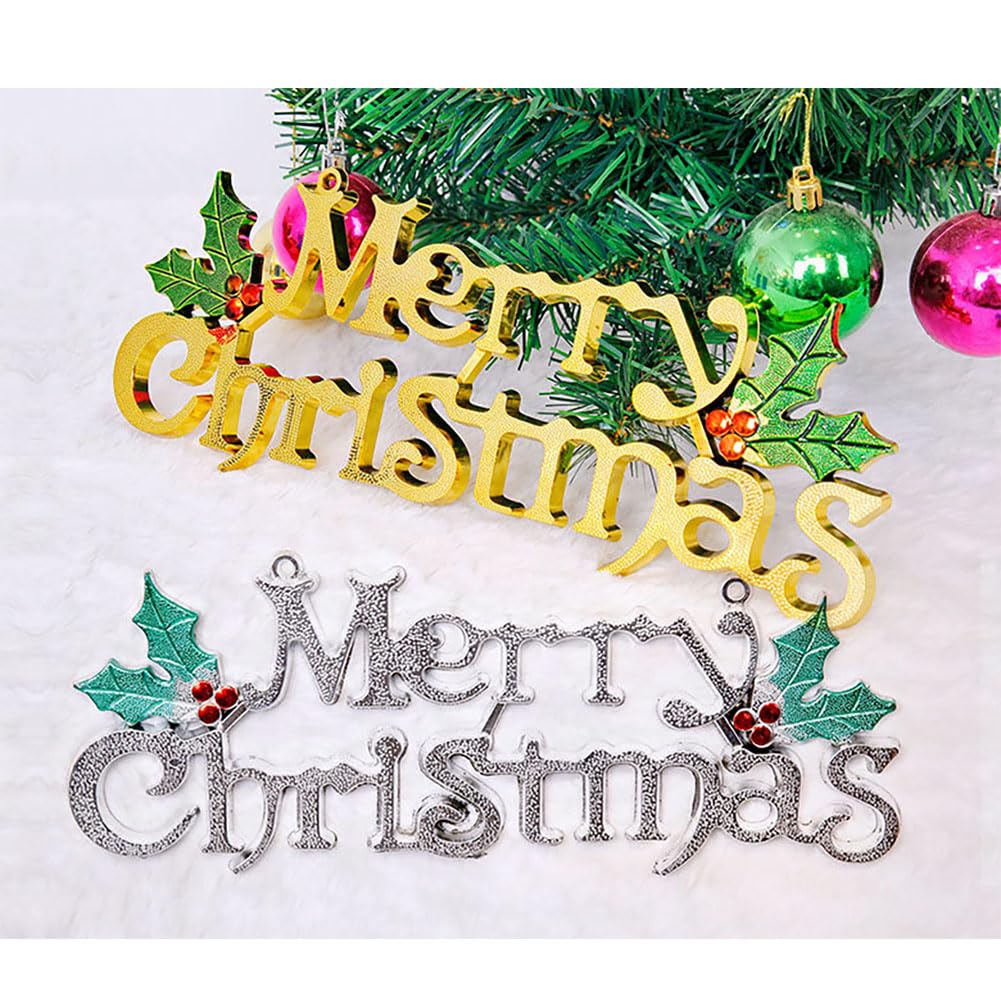 Merry Christmas Signs, 2Pcs Christmas Word Glittery Hanging Signs with Holly Berries and Leaves for Xmas Holiday Party Home Decoration. (Gold+Silver)