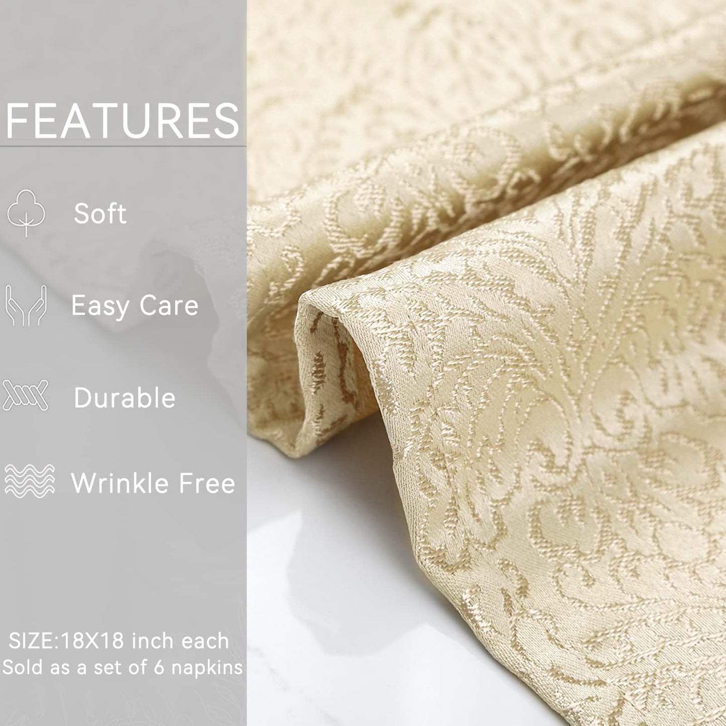 ZIWUROAD Cloth Napkins Beige, Set of 6 Washable Cotton Polyester Dinner Napkins 18 x 18 Inch Ultra Soft Cocktails Napkins Premium Quality Yarn-Dyed Jacquard Fabric Table Napkins with Hemmed Edges