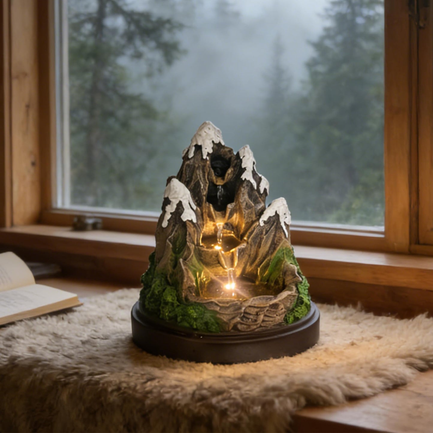 AOZITA Snow Mountain Tabletop Water Fountain 4-Tier Cascading Indoor Waterfall with Warm LED Lights, Realistic Rock Texturing & Moss Accents, Miniature Zen Landscape for Desk Home Office Decor