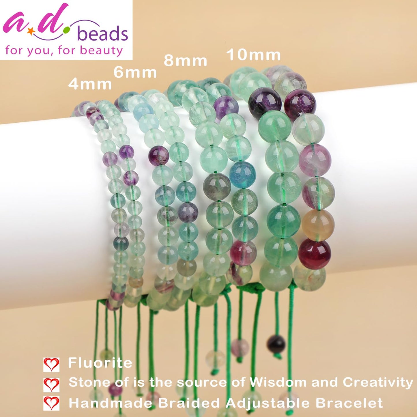 8mm Fluorite Bracelet - Stone of is the source of Wisdom and Creativity - Handmade Natural Stone Crystal Bracelet with Adjustable Macrame String - Yoga Healing Power Energy Gifts for Men and Women