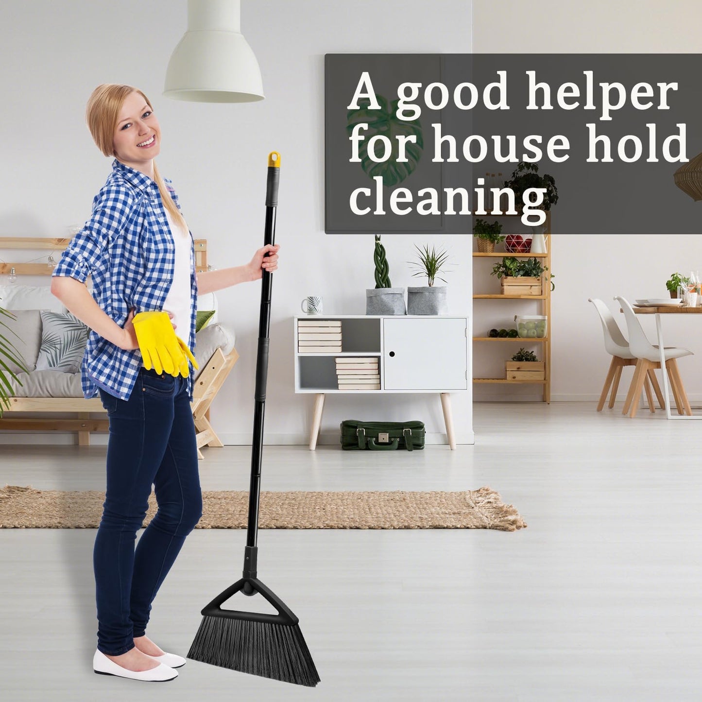 SZJYHQY 4PCS Heavy Duty Broom, Broom for Sweeeping Indoor and Outdoor, Angle Broom with Long Pole, Outdoor Broom for Courtyard/Garages/Slidewalk, Indoor Broom for Kitchen Lobby Canteen Black