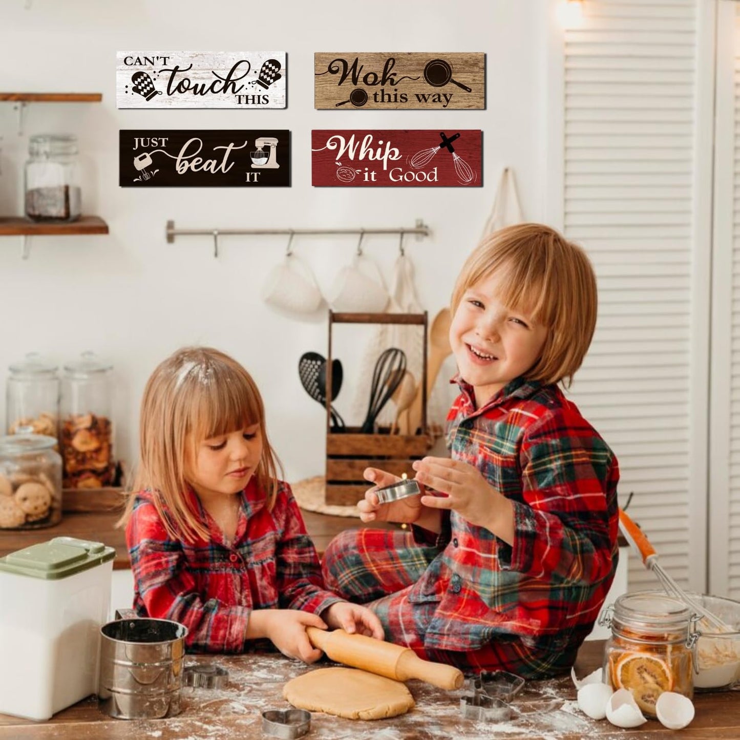 4 Pcs Kitchen Wall Decor Signs, Funny Wood Home Sign, Rustic Farmhouse Wall Hanging Art for Kitchen Dining Room Decoration (Retro Style-A, 4 x 11.8 inch x 4pcs)