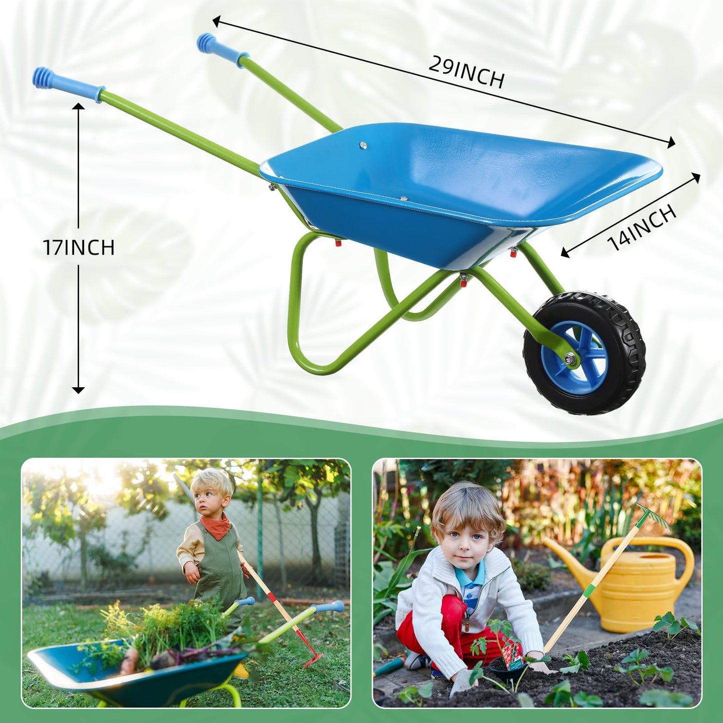 DaisyInner 5 Pcs Kids Gardening Tool Set Include Kids Wheelbarrow Metal Small Toddler Wheelbarrow Wagon with 4 Piece Kids Shovel, Rake, Hoe, Leaf Rake Wooden Gardening Tools for Boys and Girls
