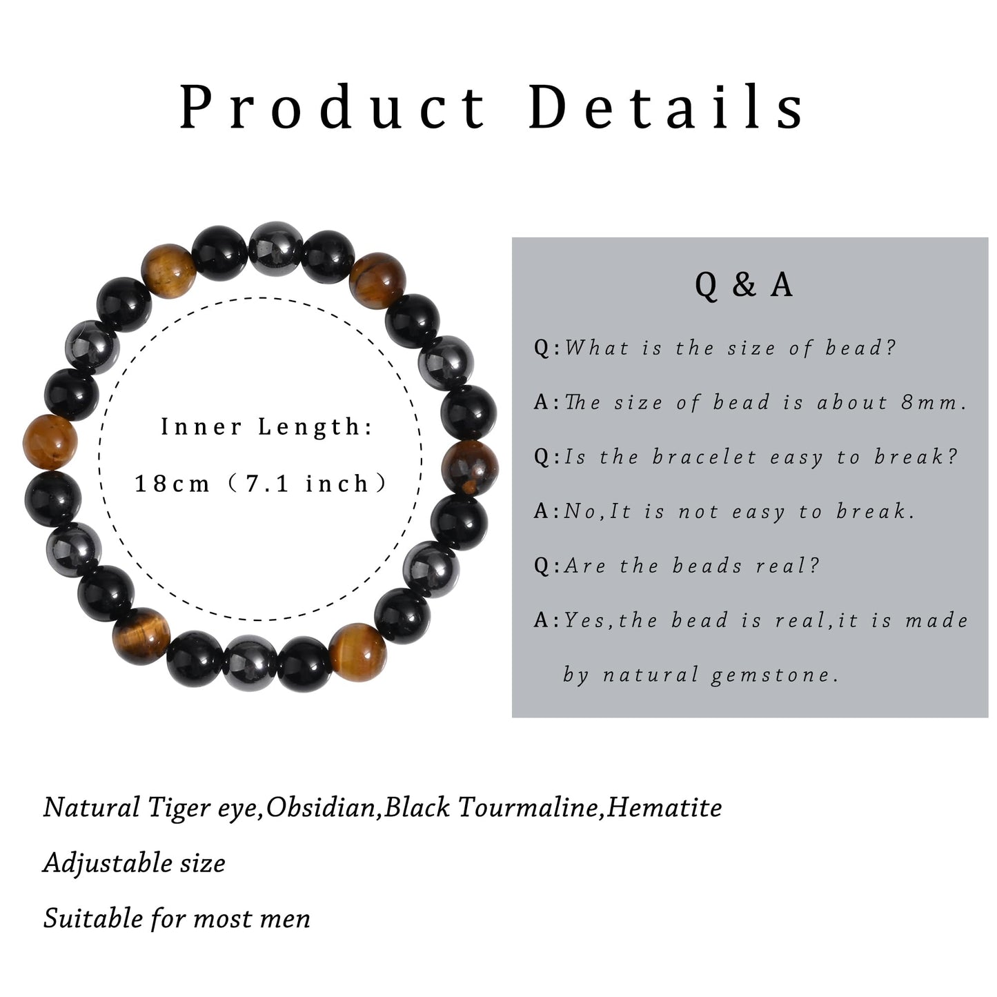 Gracayfr Tiger Eye Black Tourmaline Bracelet Hematite Anxiety Relief Natural Beaded Stone Healing Crystal Spiritual Empath Protection Gemstone Stretch Bead Obsidian