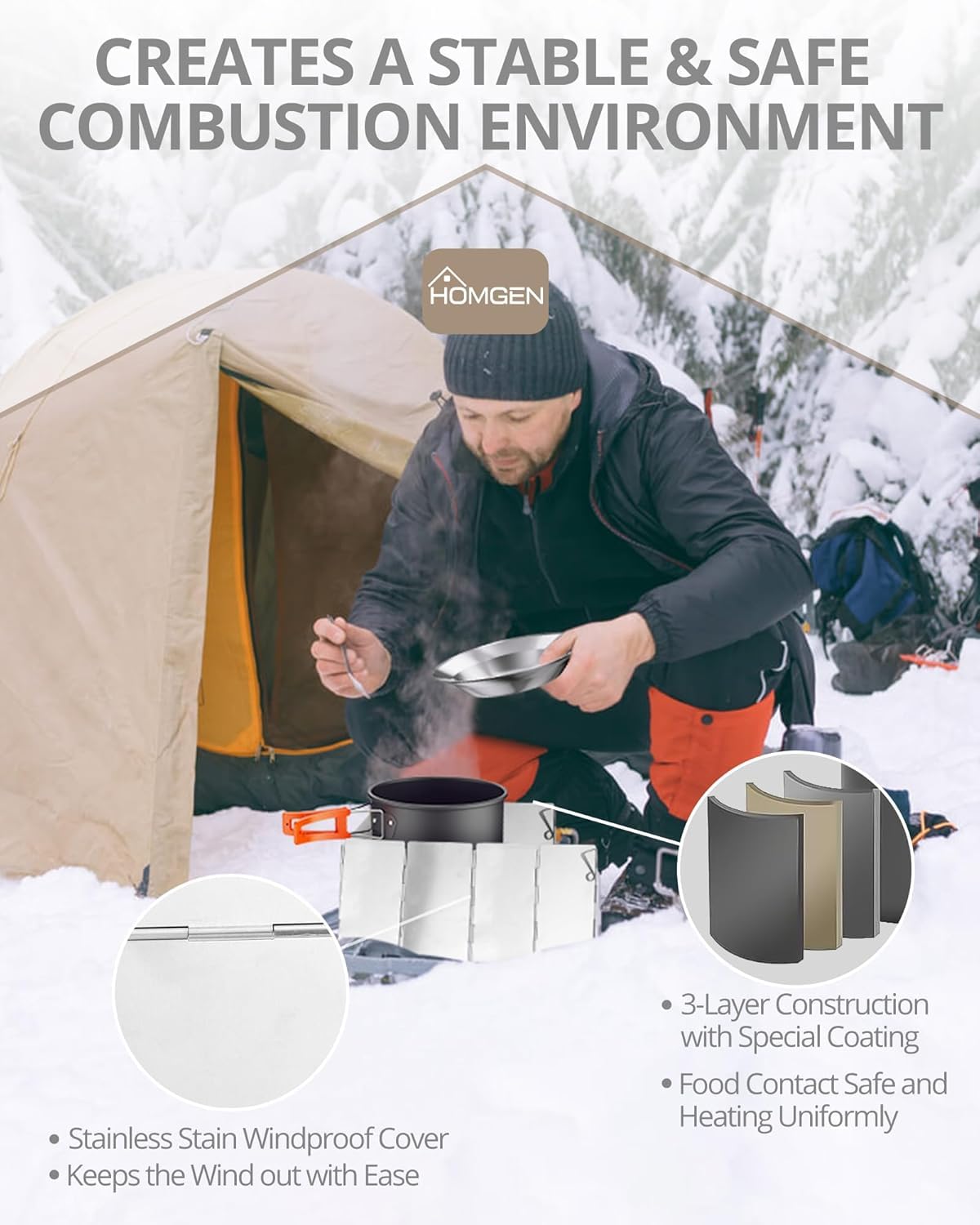 HOMGEN Portable Camping Cooking Set with Folding Windscreen-Lightweight Aluminum Camp Pots and Pan-800ml Teapot- 2 Cups & Plates- Complete Camping Mess Kit for Hiking Picnic Camping RV Trevel Trip