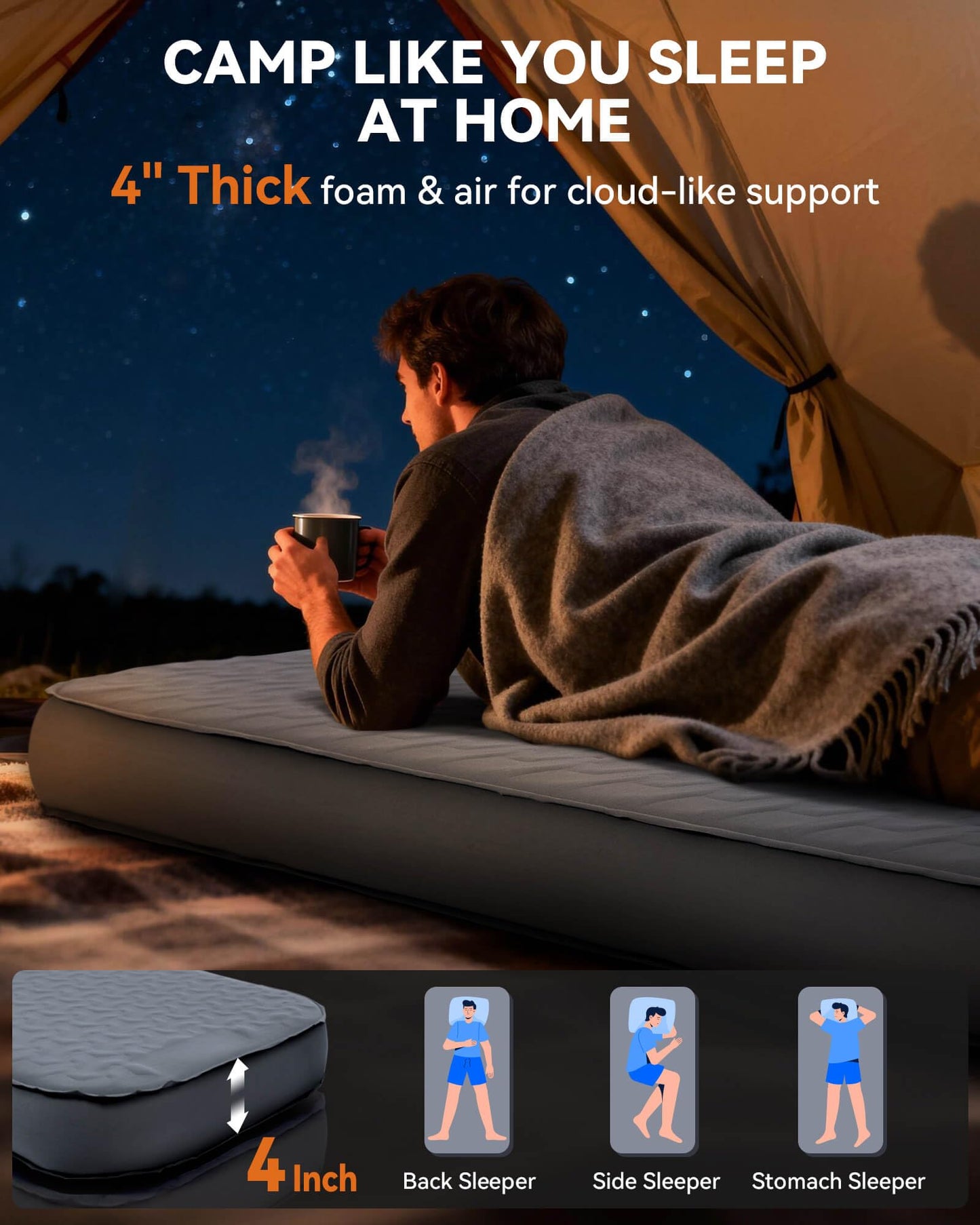 Hikenture 4" Thick Self Inflating Sleeping Pad with Electric Pump, Foam & Air Camping Mattress, 9.5 R-Value Insulated Sleeping Mat, Portable All Season Camping Pad for Tent, Car, Cot