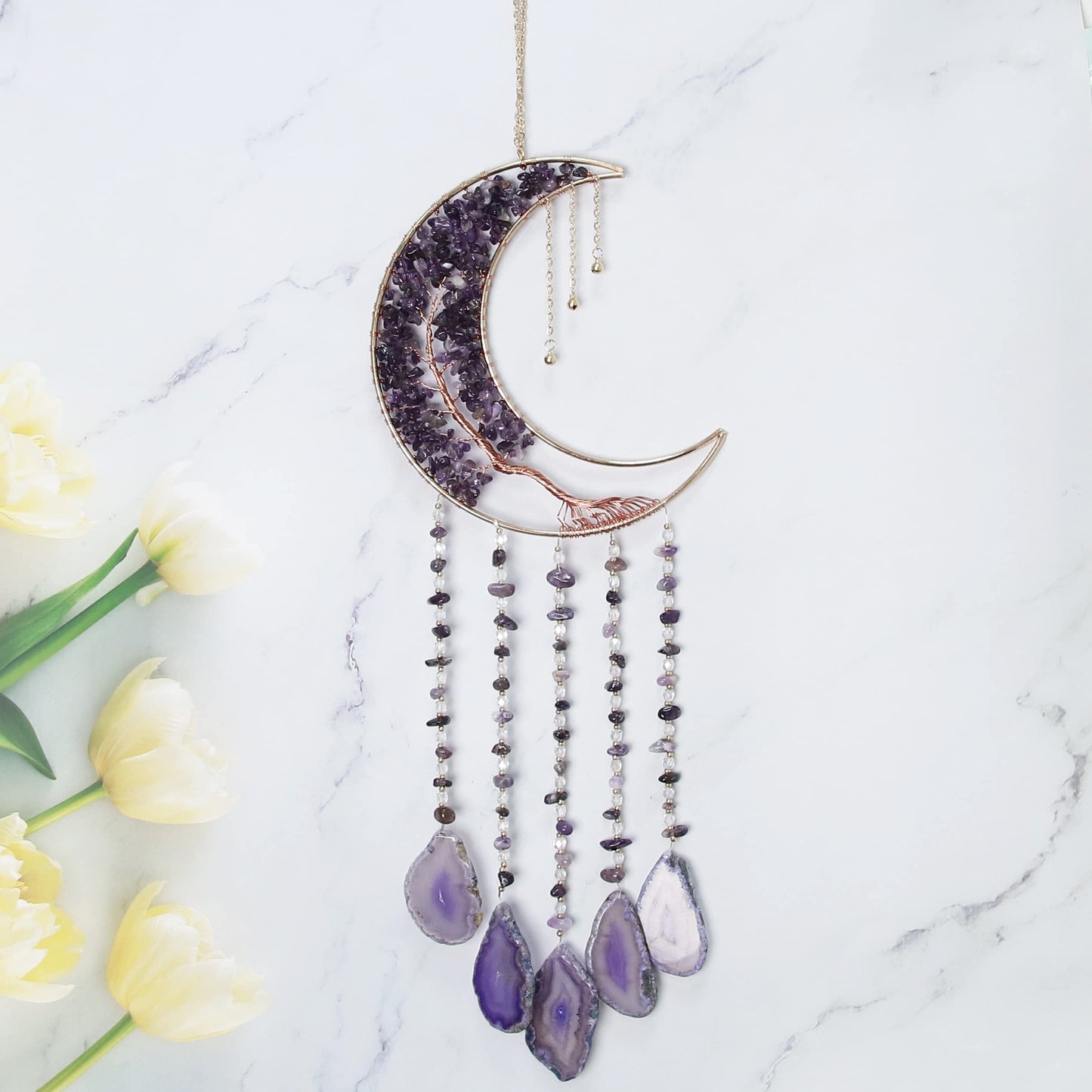 Agate Moon Dream Catchers with Crystal Purple Gemstone Dream Catchers Natural Tree of Life Gem Agate Wall Hangings Room Garden Dreamcatchers Decor (Purple)