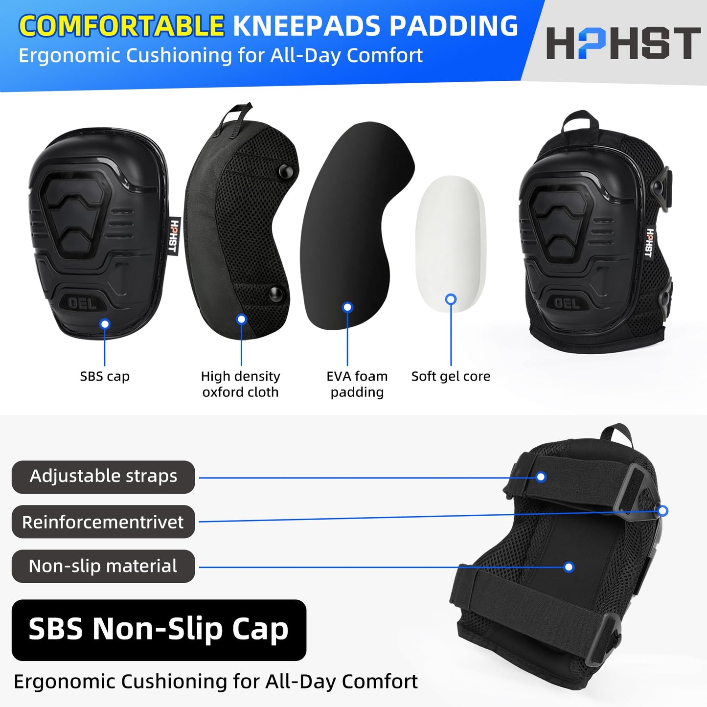 HPHST Professional Heavy-Duty Work Knee Pads with Gel & Foam Cushion – Slip-Resistant Support for Construction, Flooring, and Gardening (Black)