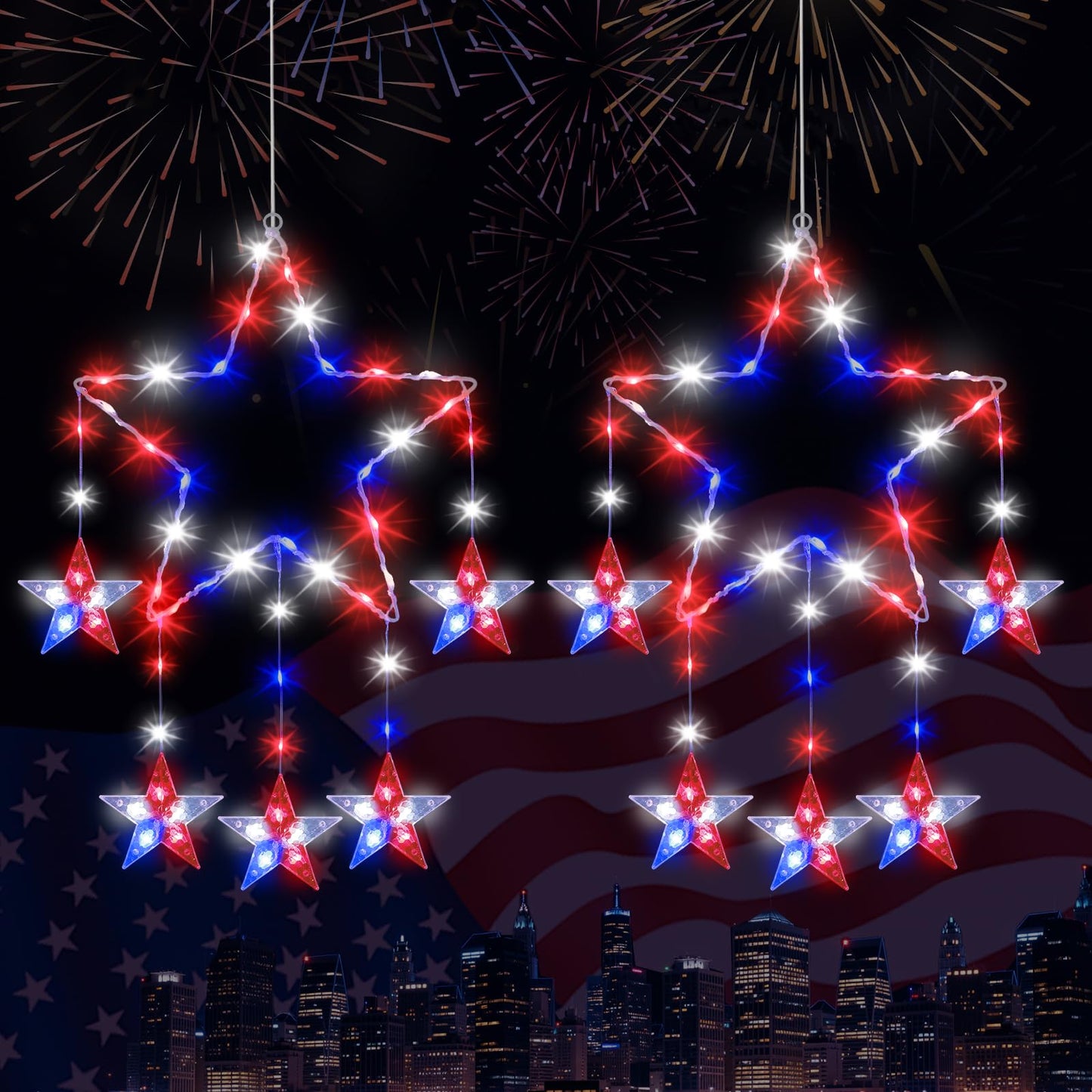 Lewondr 4th of July Decorations, 2 Pack Red White and Blue Window Star Lights with 62 LEDs, Patriotic Star Lights with Remote, 8 Modes & Timer, USB Powered Hanging Light for Independence Memorial Day