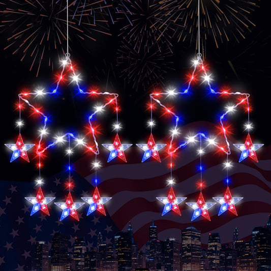 Lewondr 4th of July Decorations, 2 Pack Red White and Blue Window Star Lights with 62 LEDs, Patriotic Star Lights with Remote, 8 Modes & Timer, USB Powered Hanging Light for Independence Memorial Day