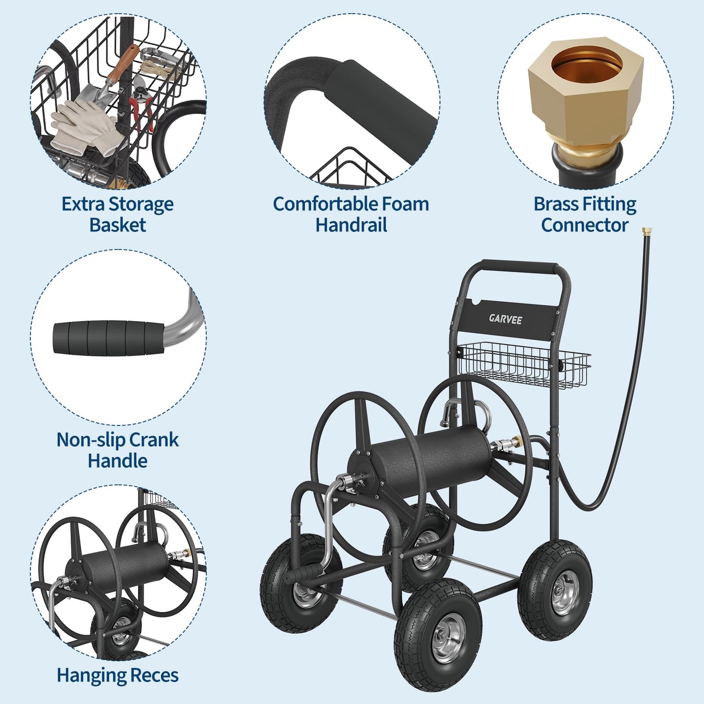 Garvee Garden Hose Reel Cart with Wheels, Hold Up to 300 ft of 5/8’’ Hose, Heavy Duty Water Hose Reel with Storage Basket, 4 Large Pneumatic Tires, Mobile Outdoor Hose Storage for Garden, Yard, Farm
