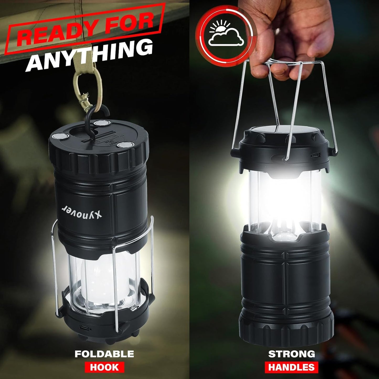 Xynover 4-Pack Solar Camping Lanterns,Rechargeable LED with USB/Solar/AA Battery,Magnetic Base,Hanging Hook,Collapsible, Waterproof for Emergency, Hiking,Hurricane,Campsites,Lanterns for Power Outages