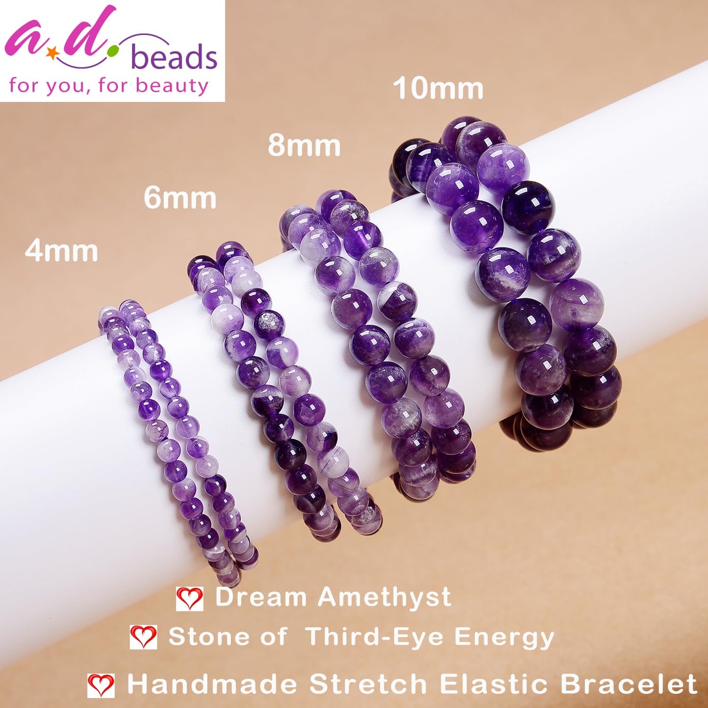 AD Beads Handmade Gemstone Stretch Elastic Bracelet Crystal Healing Reiki Nature's Beauty and Spiritual Essence Unisex (10mm, Dream Amethyst (Third-Eye Energy))