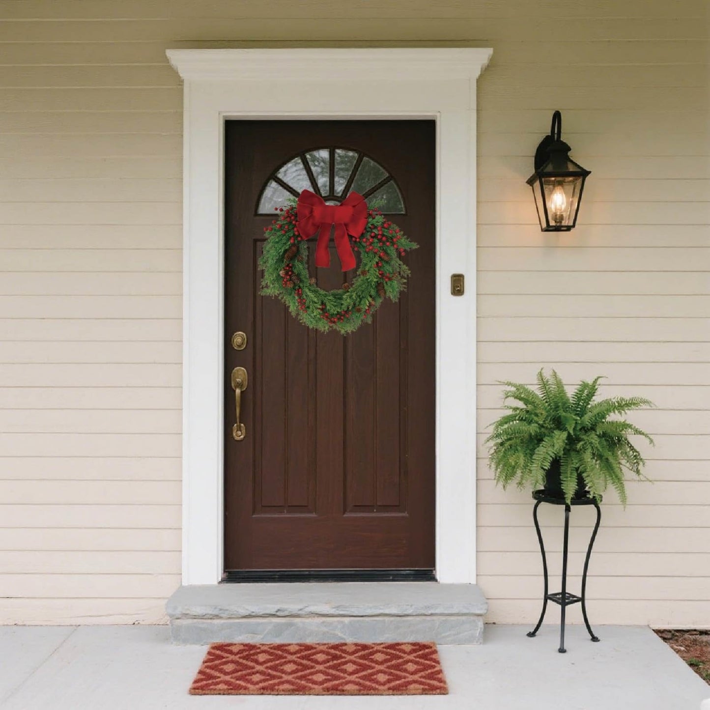 Christmas Wreath for Front Door, Red Bow & Real Pine Cones with Pine Branches & Berries, Artificial Holiday Wreath for Indoor & Outdoor Wall Decor (20 inches)