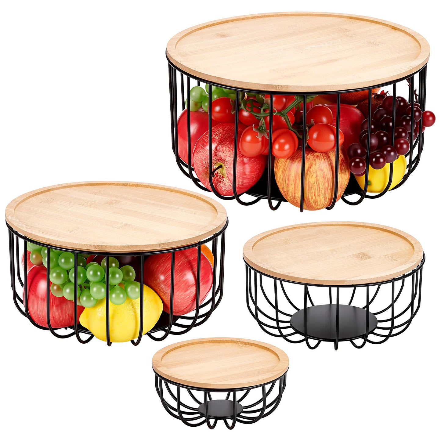 INTERWARM 4Pcs Fruit Basket for Kitchen Counter Set, 4 Size Round Fruit Basket with Wooden Lid Countertop Bin for Produce Fruits Lemon Banana Candy Snack in Office(Black)