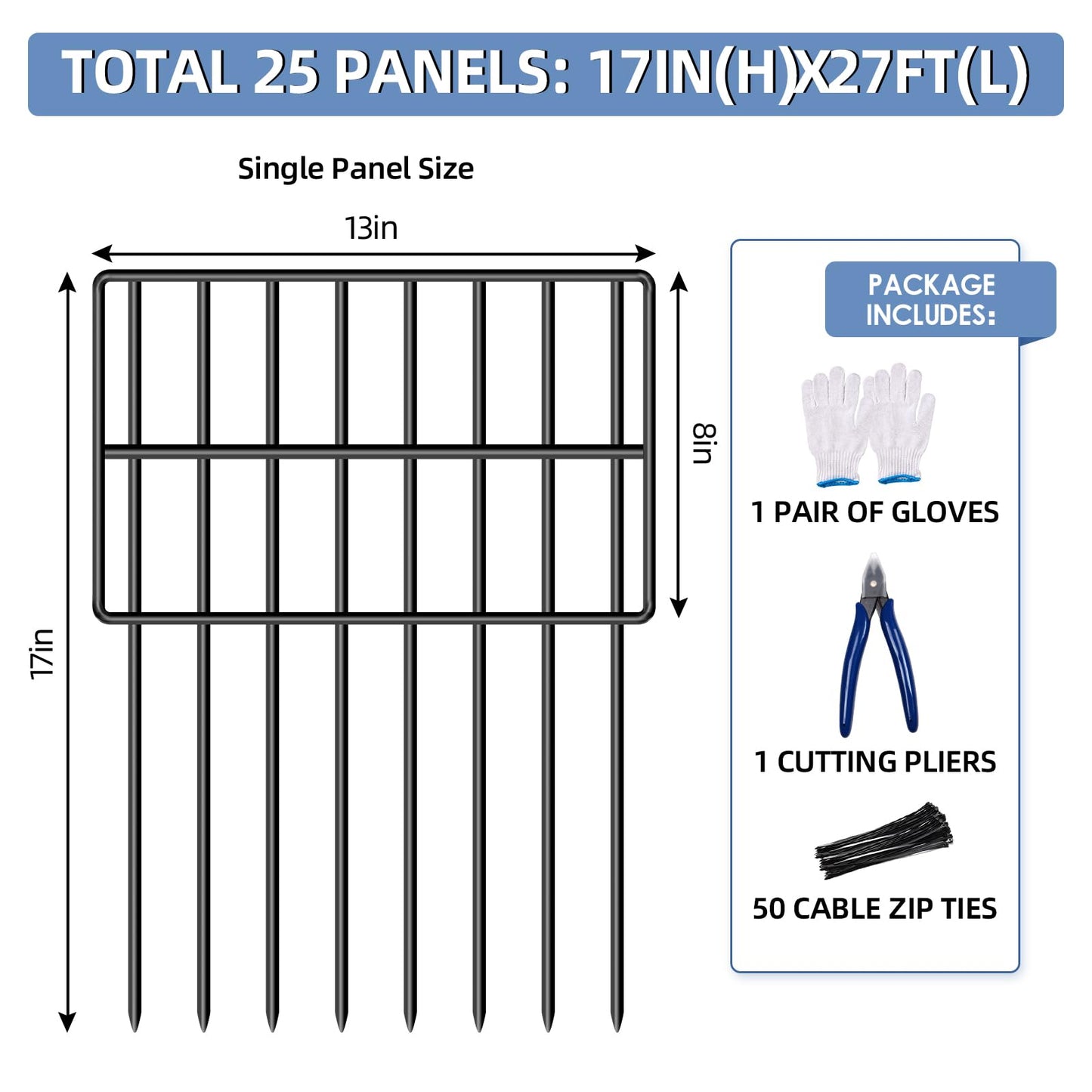 25 Pack Garden Animal Barrier Fence, 17in(H) x27ft(L) No Dig Decorative Fences, 1.5in Spike Spacing Rustproof Metal Garden Fence Border for Dogs Rabbits, Bottom Blocker for Outdoor Yard Patio