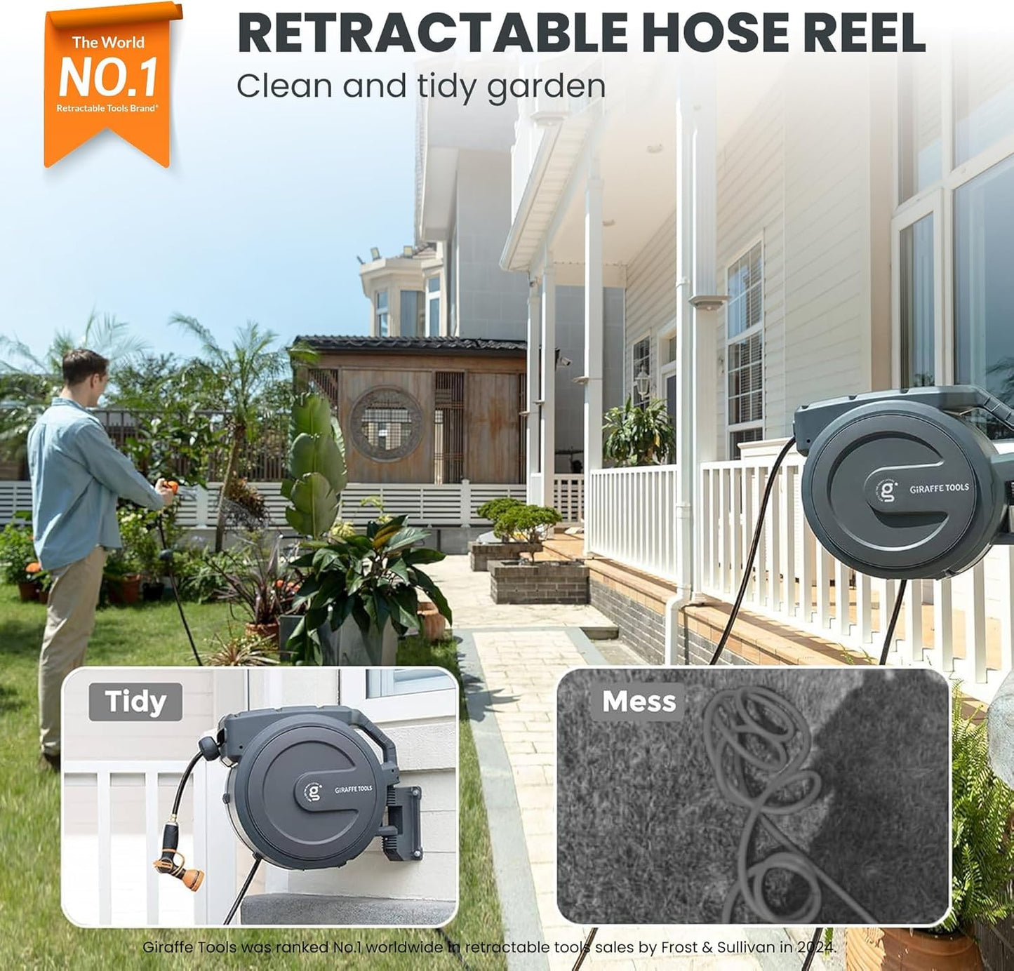 Giraffe Tools AW40 Retractable Hose Reel 5/8" x 90 ft Wall Mounted Garden Hose Reel Heavy Duty, Automatic Rewind, 180 Deg Swivel, Any Length Lock, 9 Pattern Nozzle, 90 ft, Dark Grey