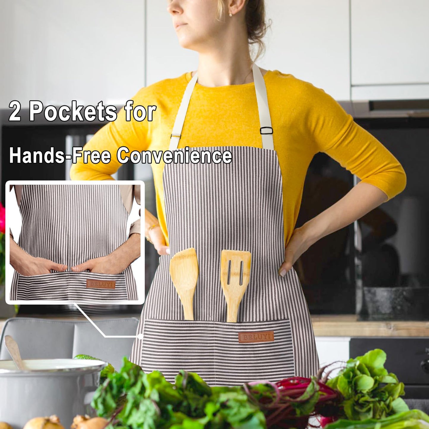 BeLuyi Adjustable Bib Apron with 2 Pockets Chef Cooking Kitchen Restaurant Aprons for Women Men (Brown Stripe)