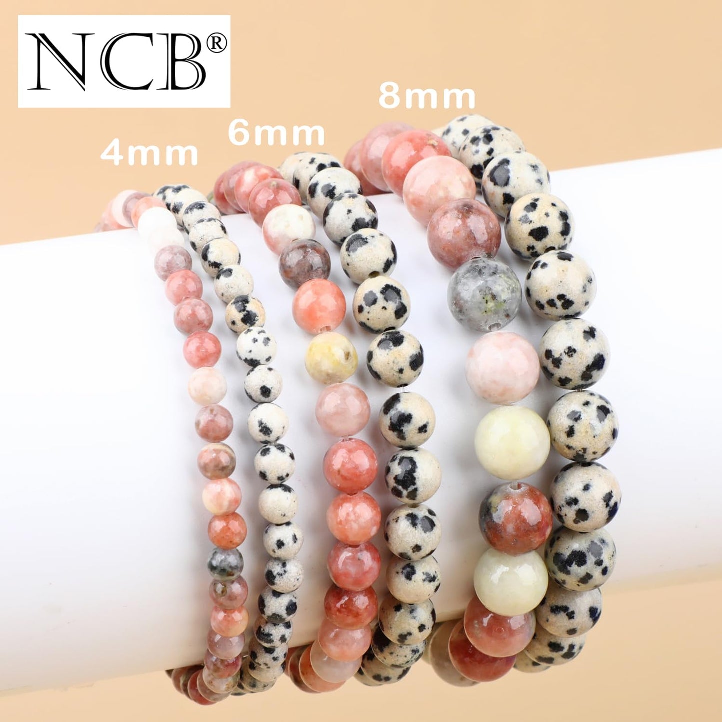 NCB 2-Piece 8mm Natural Crystal Gemstone Stretch Bracelets – ﻿Dalmation Jasper, Red Plum Blossom Stone Handmade Reiki Energy Healing Jewelry for Meditation,Yoga, Unisex