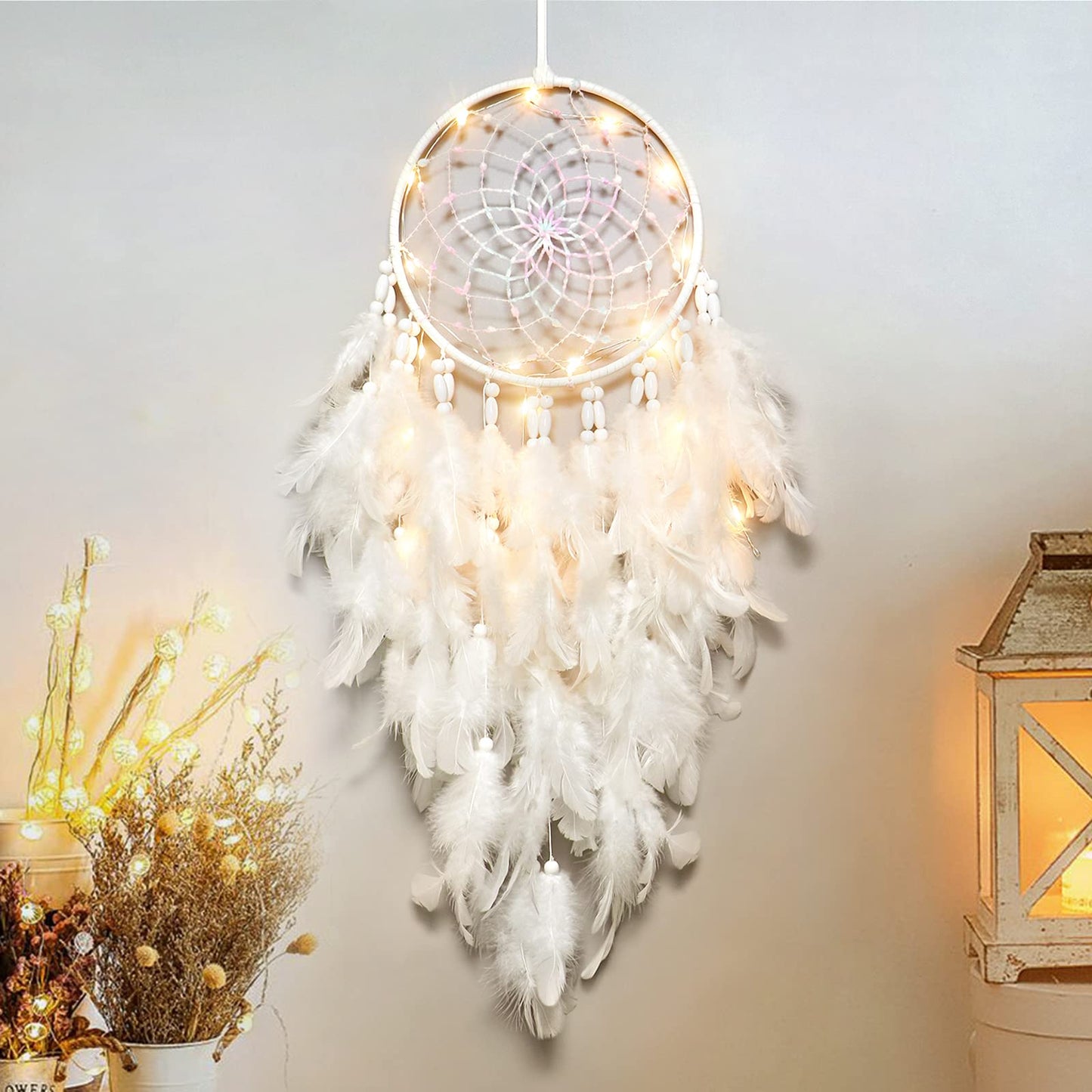 Dremisland White Feathers Dream Catcher Wall Hanging Elegant Wall Art Room Decoration for Windows Balcony Bedroom Wedding Party Gift for Girls and Kids (with Lights)