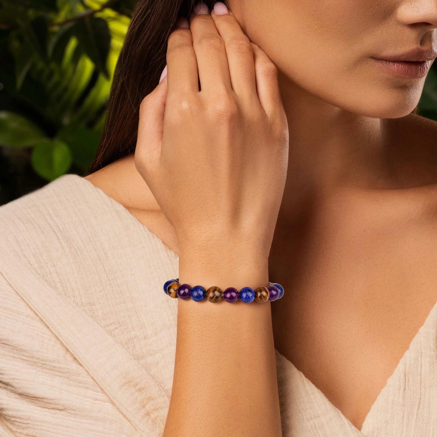 Bolinailo Healing Crystal Courage Bracelet 8mm Crystal Beaded Bracelet for Women Men Natural Stones of Lapis Lazuli, Amethyst and Tiger Eye Handmade Gemstone Reiki Spiritual Jewelry Gifts