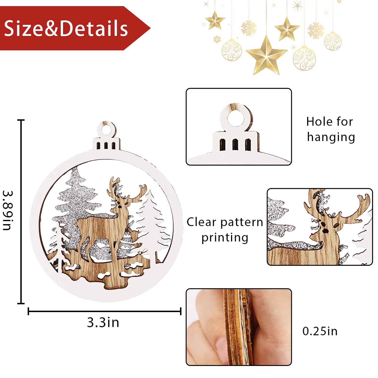 Winter Wonderland Ornaments for Christmas Tree - 6 Pack Christmas Wooden Ornaments for Winter Xmas Holiday Tree Decorations