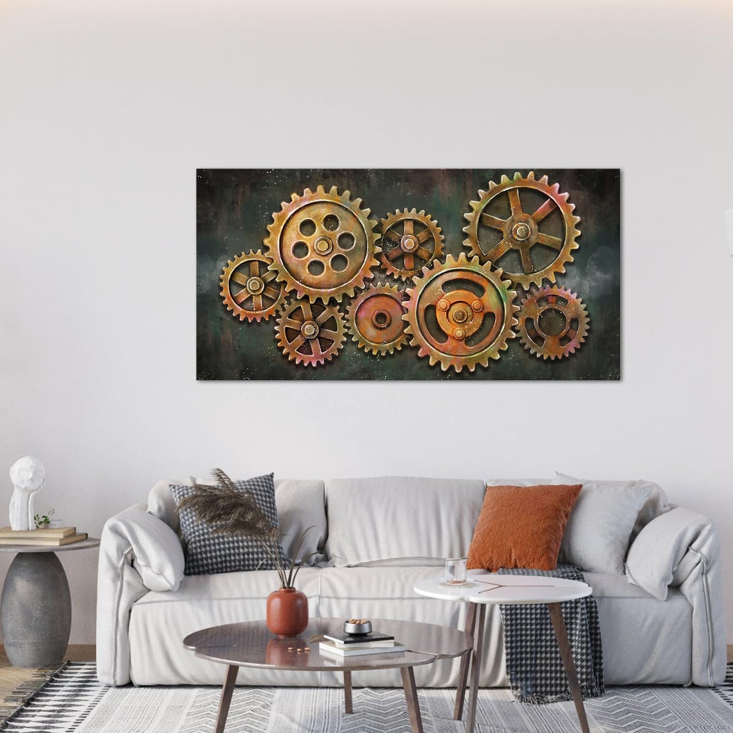 iHAPPYWALL Large Abstract Gear Wheel Canvas Wall Art Industrial Steampunk Mechanical Teamwork Gift for Bedroom Home Office Cafe Bar Decor Ready to Hang 24x48inch