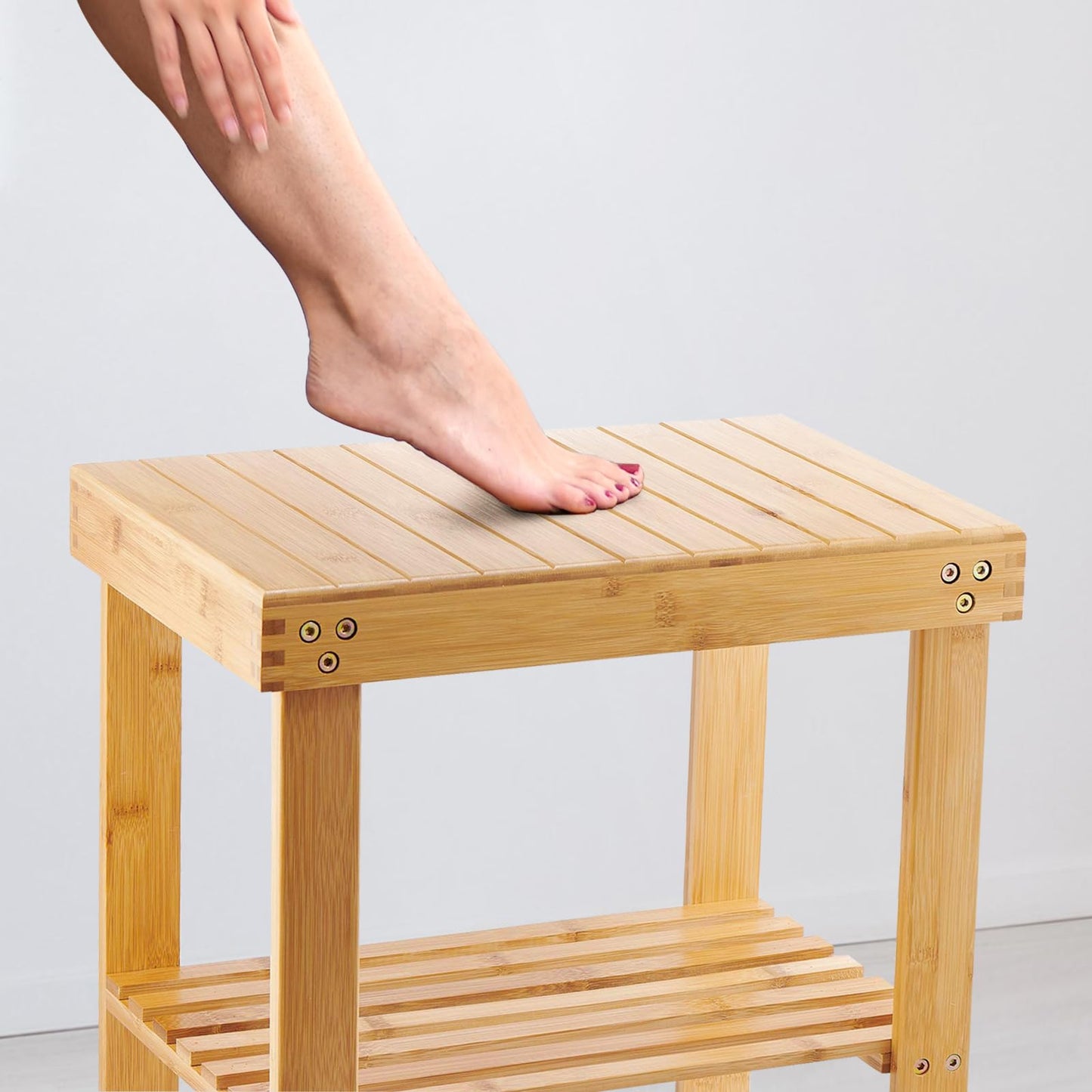 VaeFae Bamboo Shower Bench, Spa Bench Seat Stool, Foot Rest Shaving Stool with Non-Slip Feets and Storage Shelf, Works in Bathroom/Living Room/Bedroom/Garden Leisure