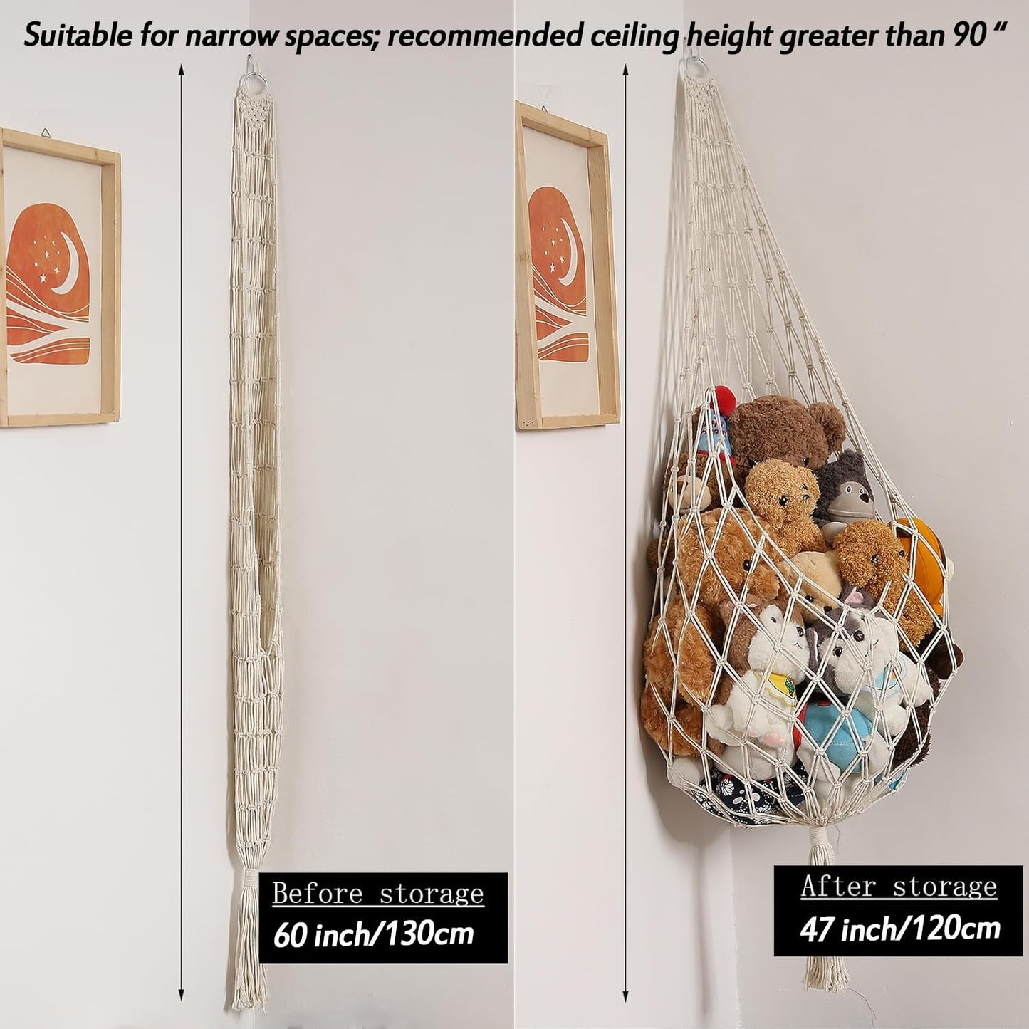 Amdermi Stuffed Animal Storage Organizers Corner Hanging Ne 60" L Stuffy Animal Hammock Macrame Toy Display Plush Toy Holder Wall, Kid Bedroom Decor Boho Nursery Playroom Organizer 60" L (Cream)