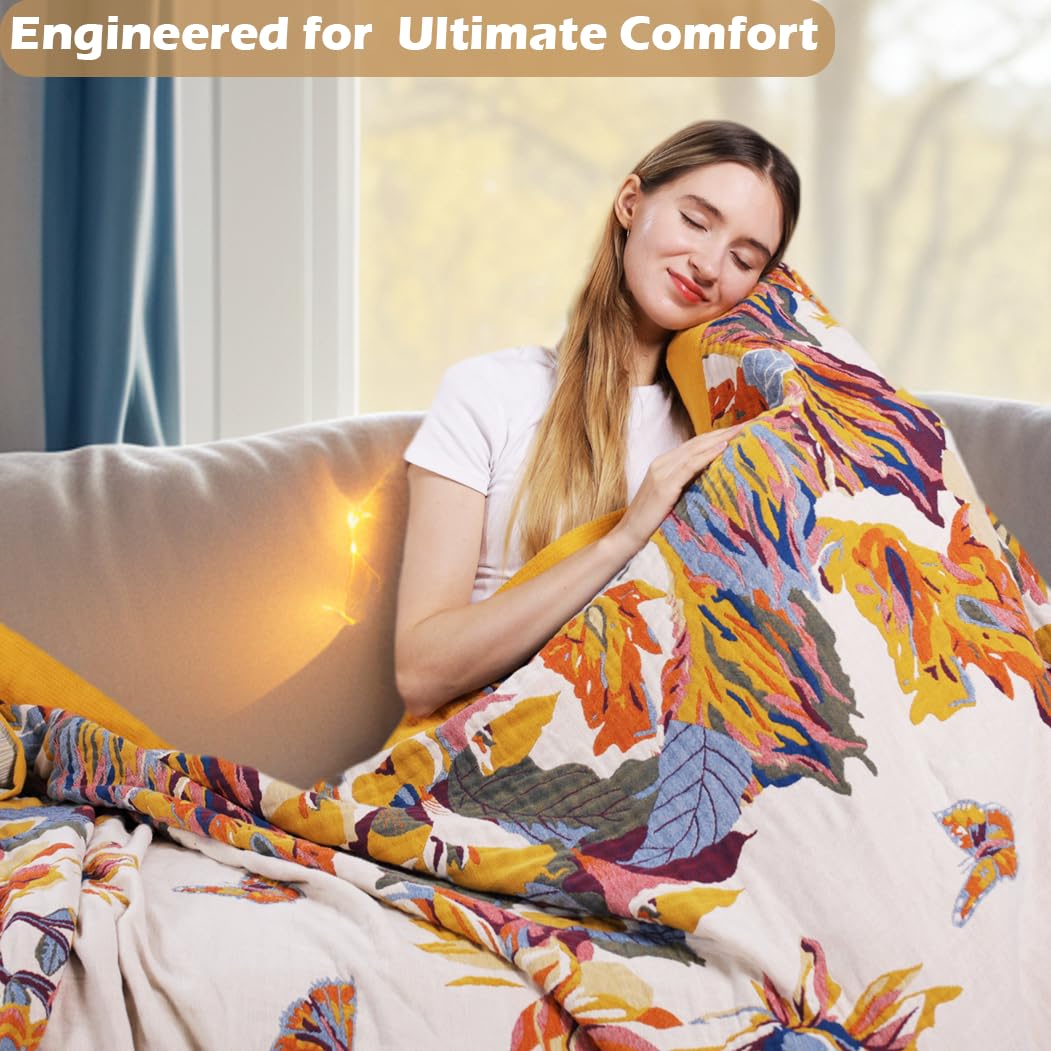 VANJOROY Boho Throw Blanket, 100% Organic Cotton Ultra Soft 50" x 60" Throw for Couch and Bed - Skin-Friendly Embroidery Cozy All Season Rustic Floral Decor Chair Blanket -Beige