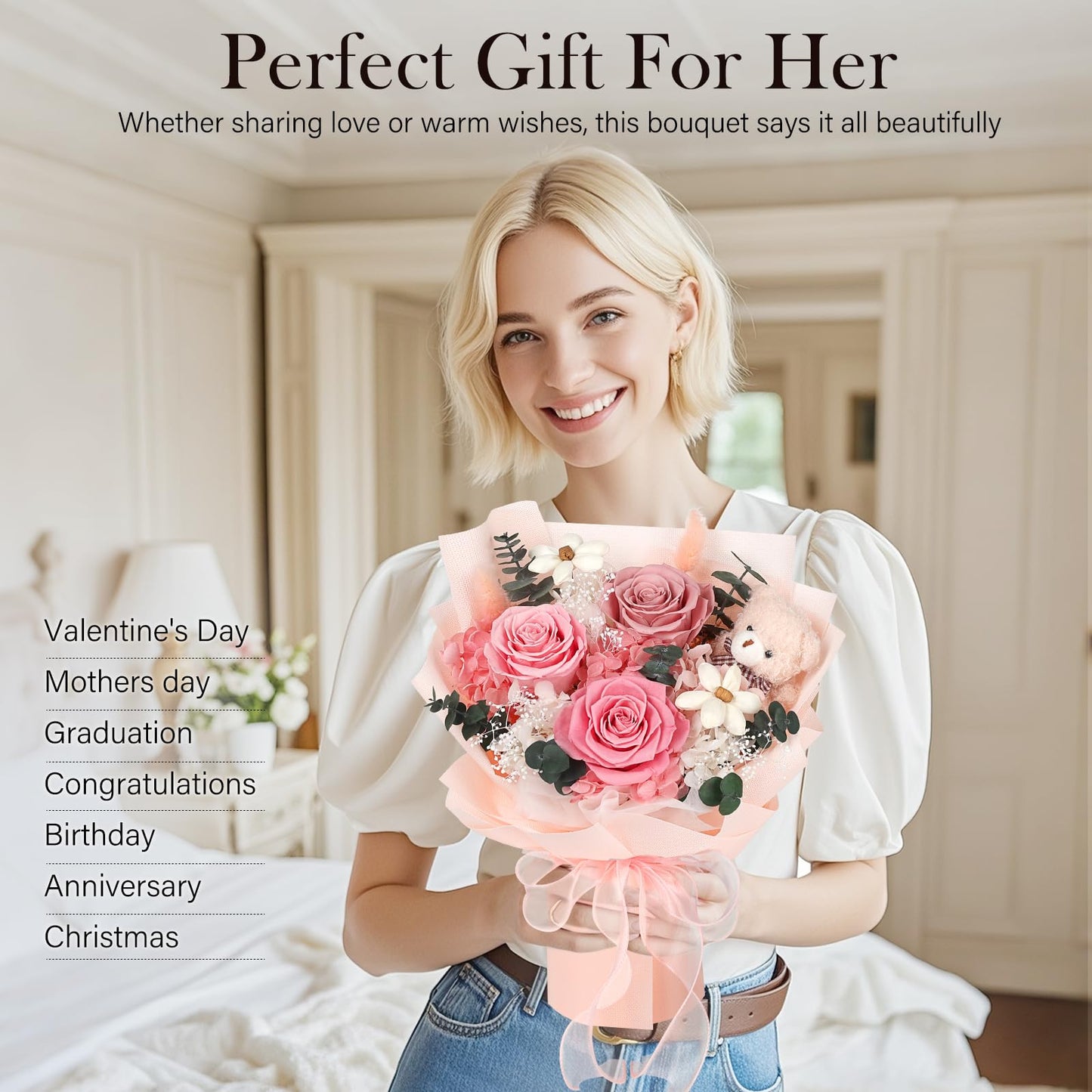 Preserved Flowers Bouquet with Bear, 3 Real Forever Flowers for Delivery, Long-Lasting Pink Eteranl Roses Bouquet, Mothers Day Gifts for Mom Grandma, Anniversary Birthday Gifts for Women Girlfriend