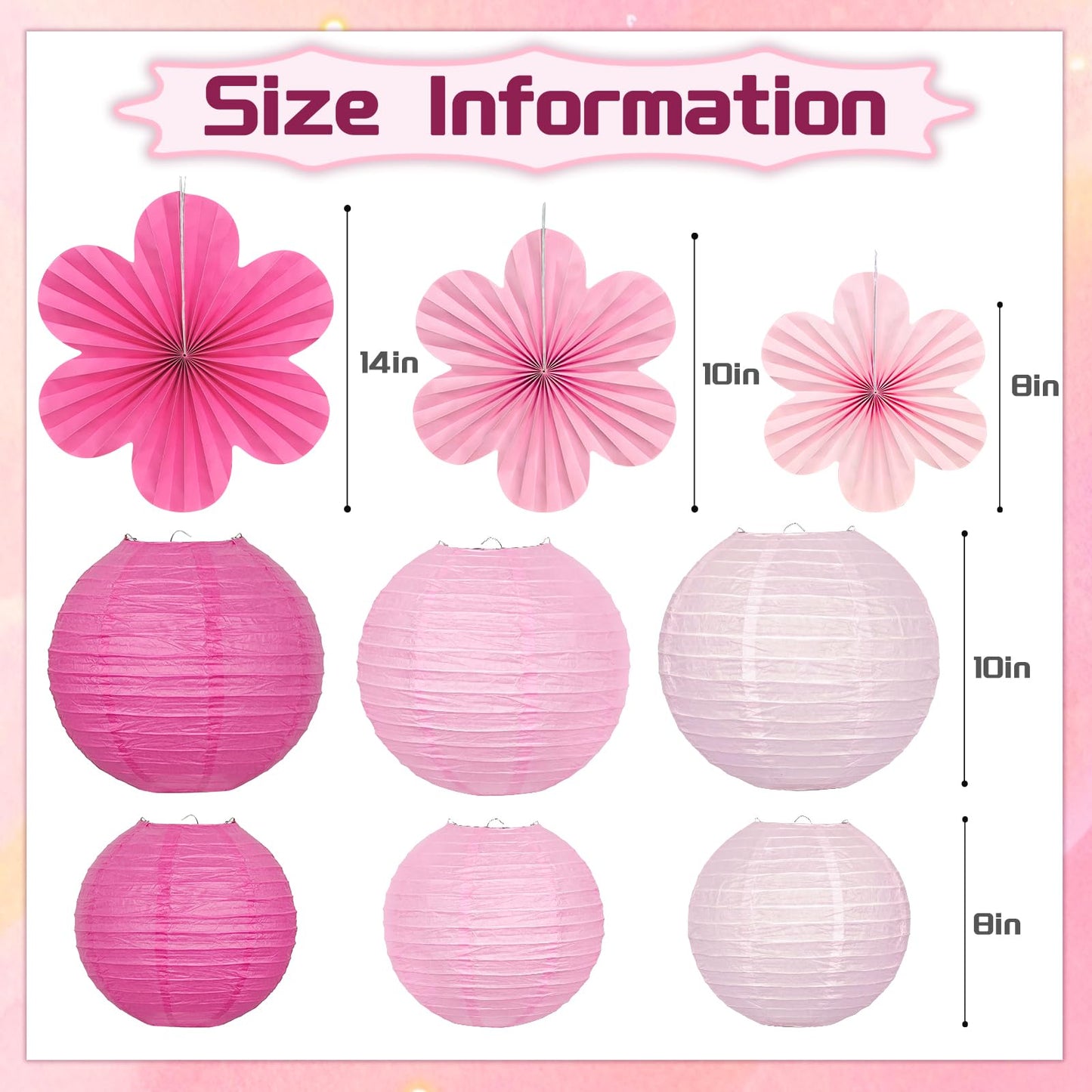 Pink Party Decorations, 18Pcs Hot Pink Hanging Paper Lanterns & Flower Fans 8"-14" for Girls Birthday, Bridal Shower, Wedding, Bachelorette, Girls Night, Graduation Party Decor