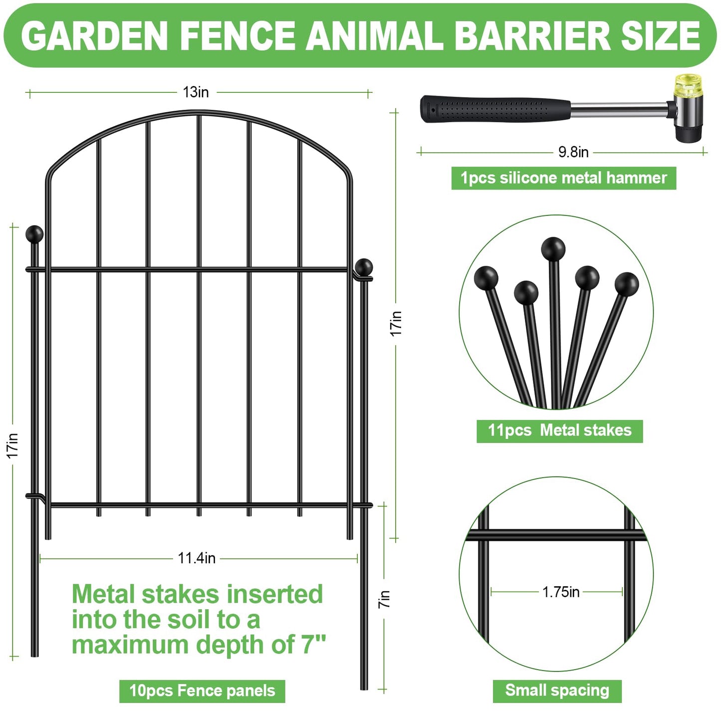 Decorative Garden Fence 17in x 10ft, 10 Pack Rustproof Metal Animal Barrier Fence, Arched Flower Bed Edge Decorative Rabbit and Dog Ground Defense No-Dig Fence for Patio Patio Outdoor