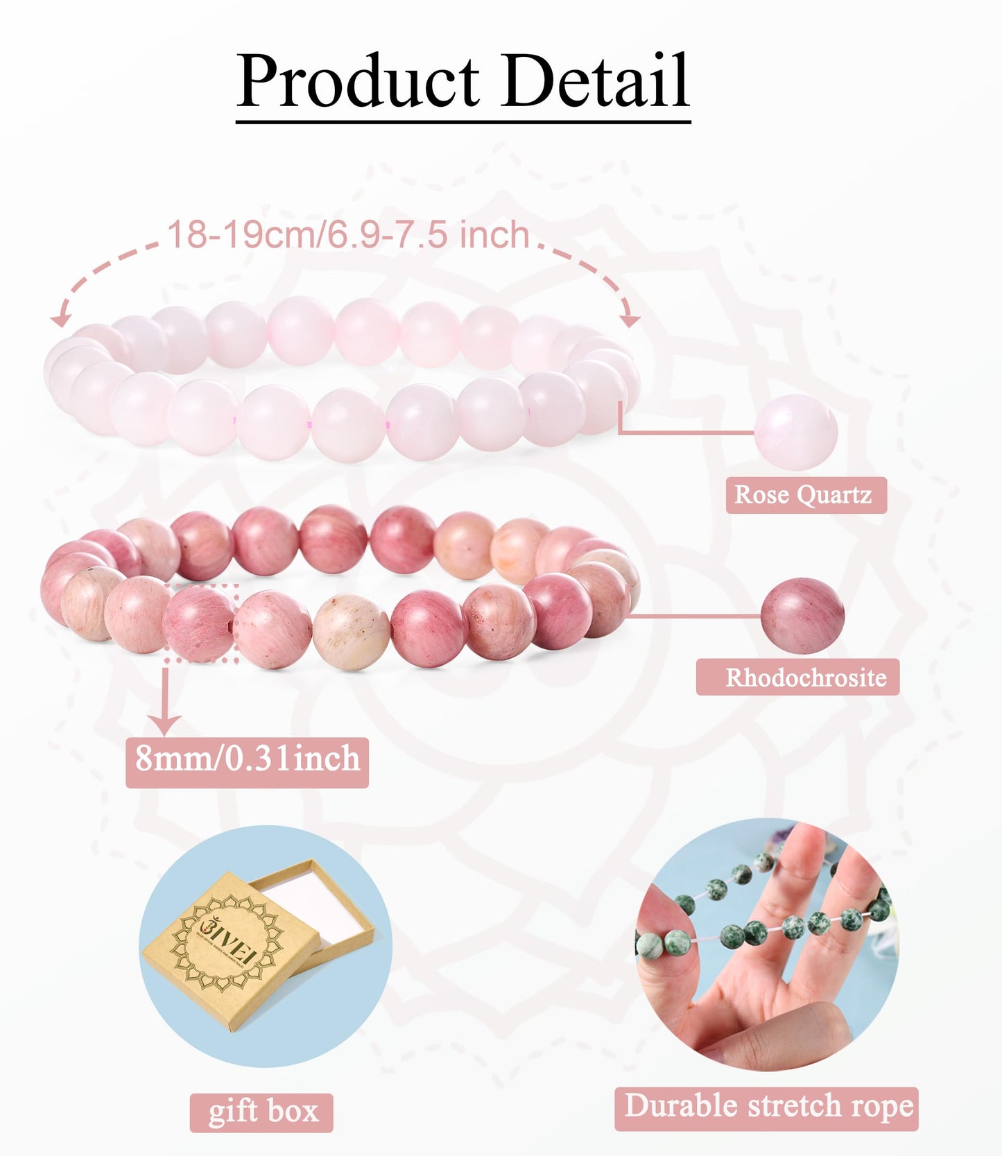 Bivei Natural Gemstone Semi Precious Crystals Handmade Stretchy Round Beads Bracelet, Enhance Positive Energy,Stocking Stuffers for Women(Rose Quartz & Rhodochrosite (Self Love) Medium)