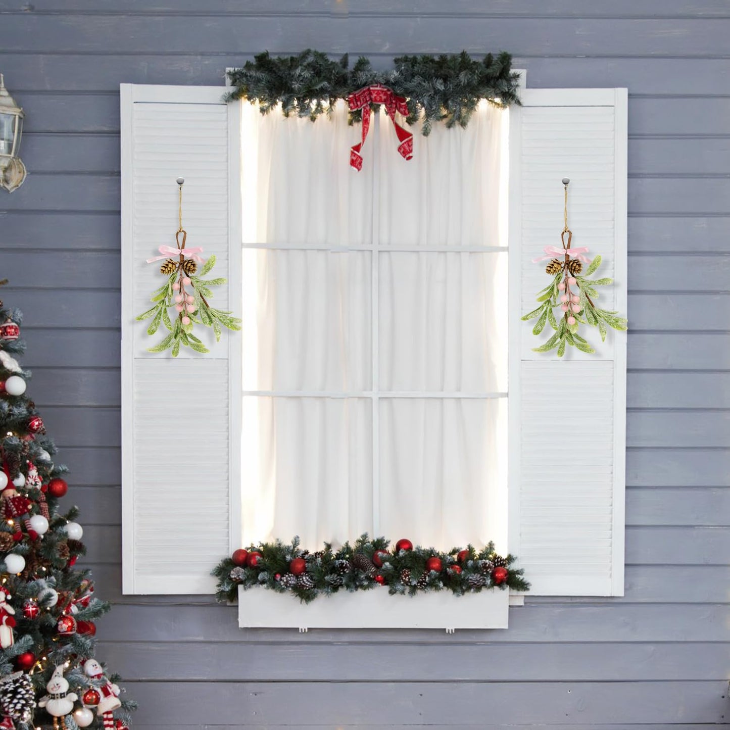 Christmas Mistletoe Decorations Frosted Artificial Mistletoe Ornaments with Bows Berries Pine Cones Snowy Fake Hanging Kissing Plant Stems for Xmas Tree Picks Doorway Holiday Decor (2, Pink)