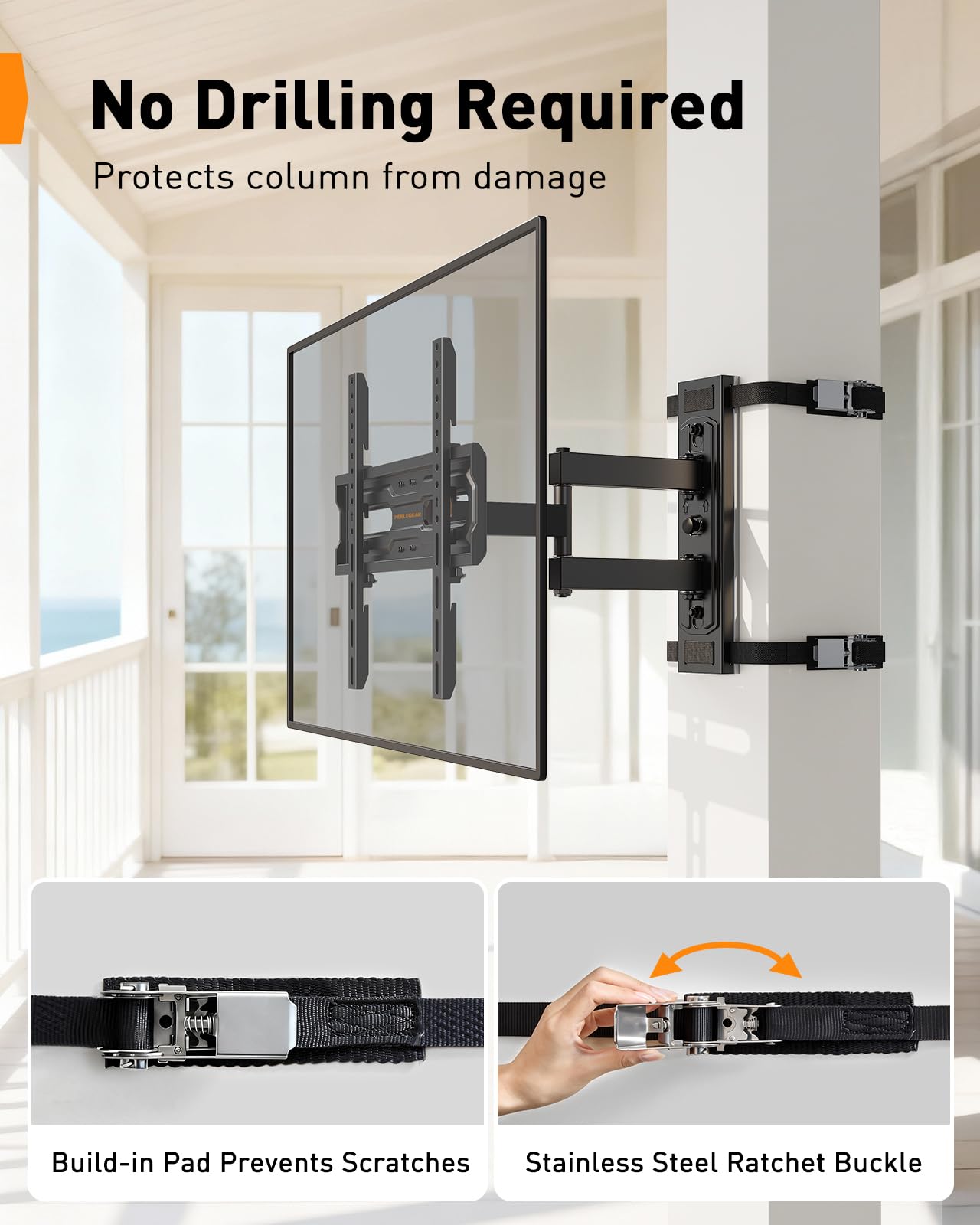 Perlegear Gazebo TV Mount for Most 26"-74" TVs, No Drill Pillar TV Mount for Round & Square Columns, Full Motion TV Post Mount for Gazebo, Pole, Patio & Pergola, Holds up to 88 lbs, Max VESA 400x400mm