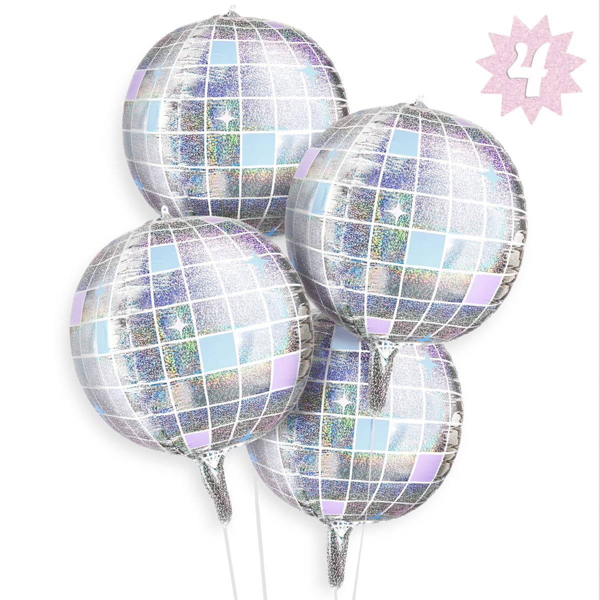 xo, Fetti Iridescent Disco Ball Metallic Silver Foil Balloons - 4 pk, 22" | Last Disco Bachelorette Decorations, Groovy Birthday Party Supplies, 70s Baby Shower, NYE, Space Cowboy