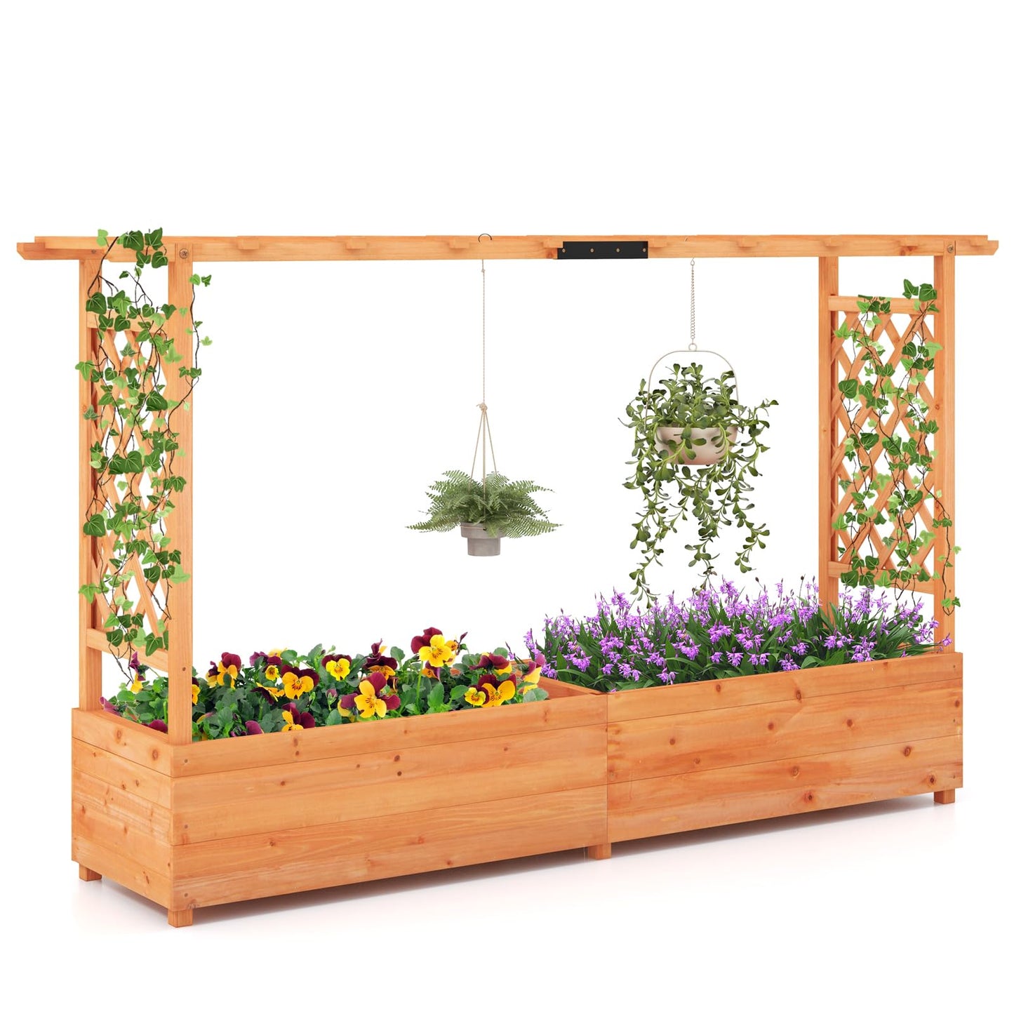 HAPPYGRILL Raised Garden Bed with Trellis, Freestanding Wood Planter Box w/Hanging Roof & 8 Drainage Holes for Vine, Climbing Plants, Flowers, Outdoor Planter with Trellis for Garden, Patio, Yard